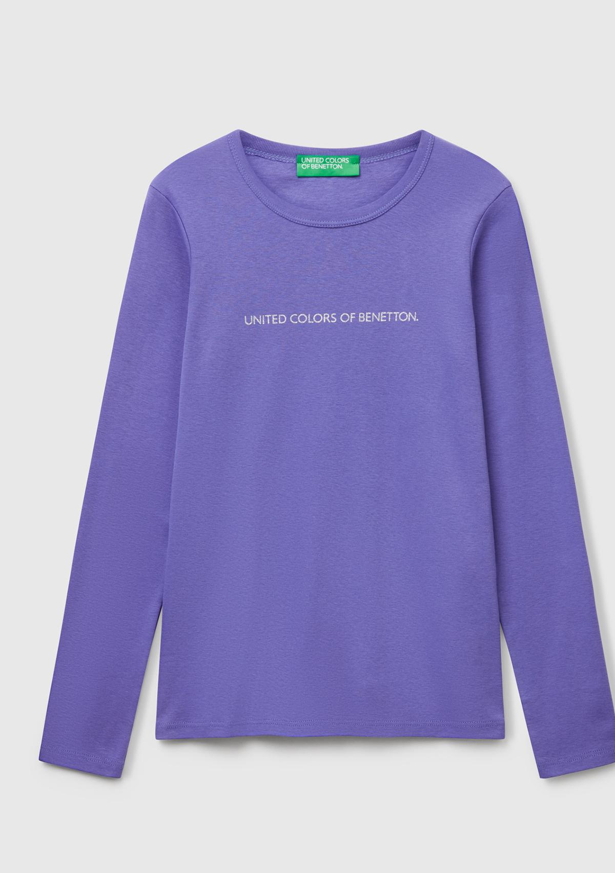 Kadın Mor %100 Koton Bisiklet Yaka Benetton Yazılı Uzun Kollu T-Shirt