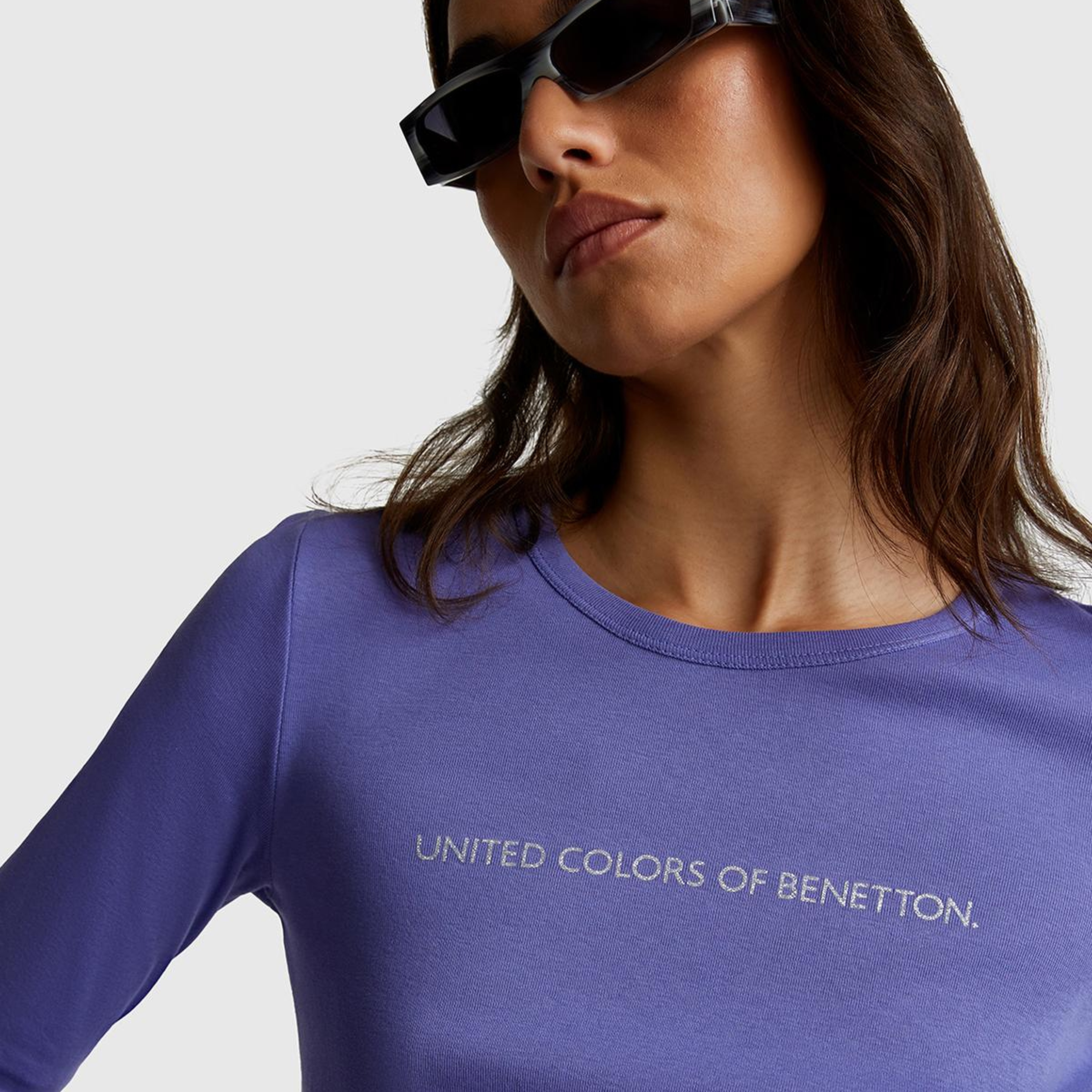 Kadın Mor %100 Koton Bisiklet Yaka Benetton Yazılı Uzun Kollu T-Shirt