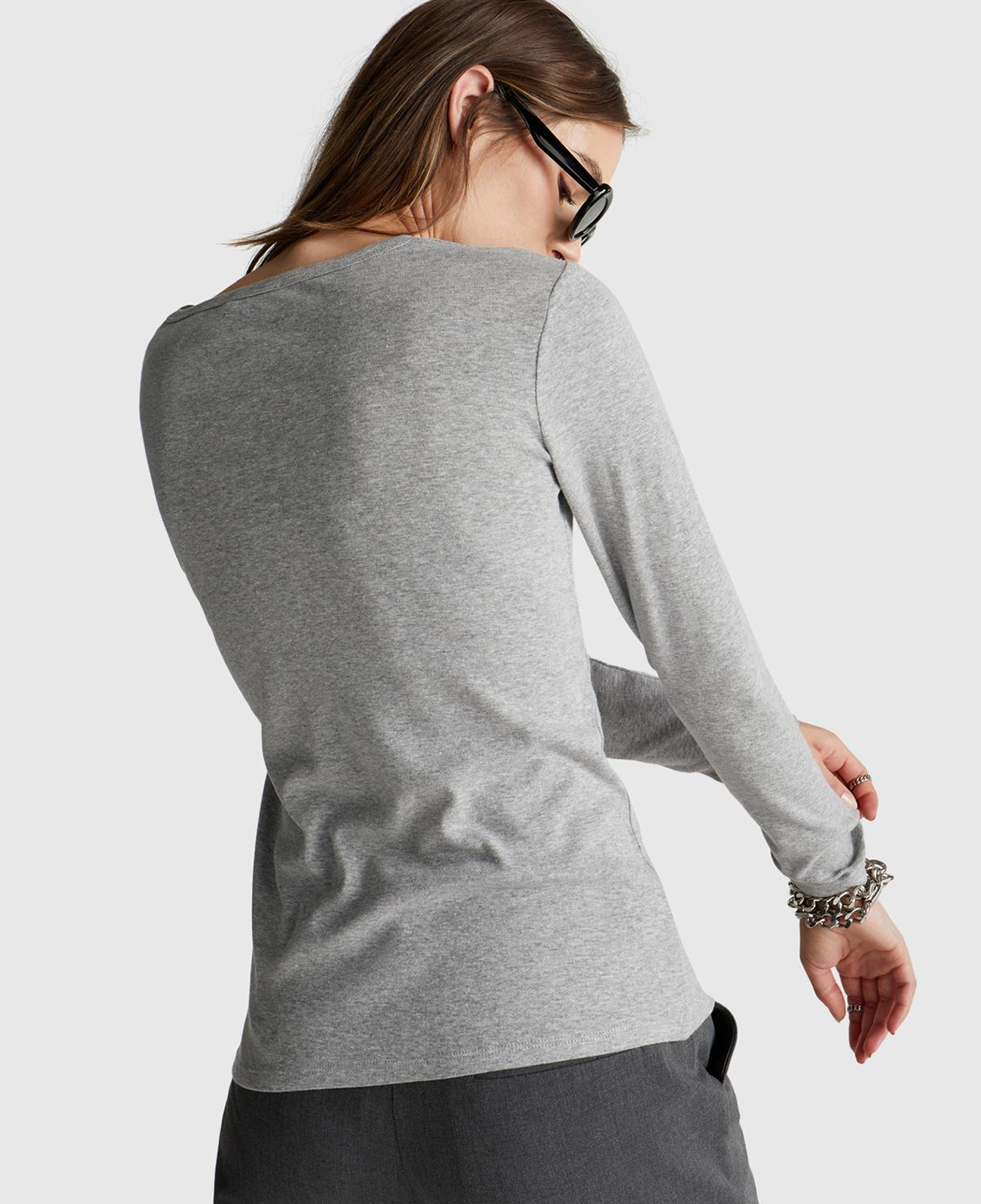 Kadın Gri Melanj Basic Bisiklet Yaka Uzun Kollu T-Shirt