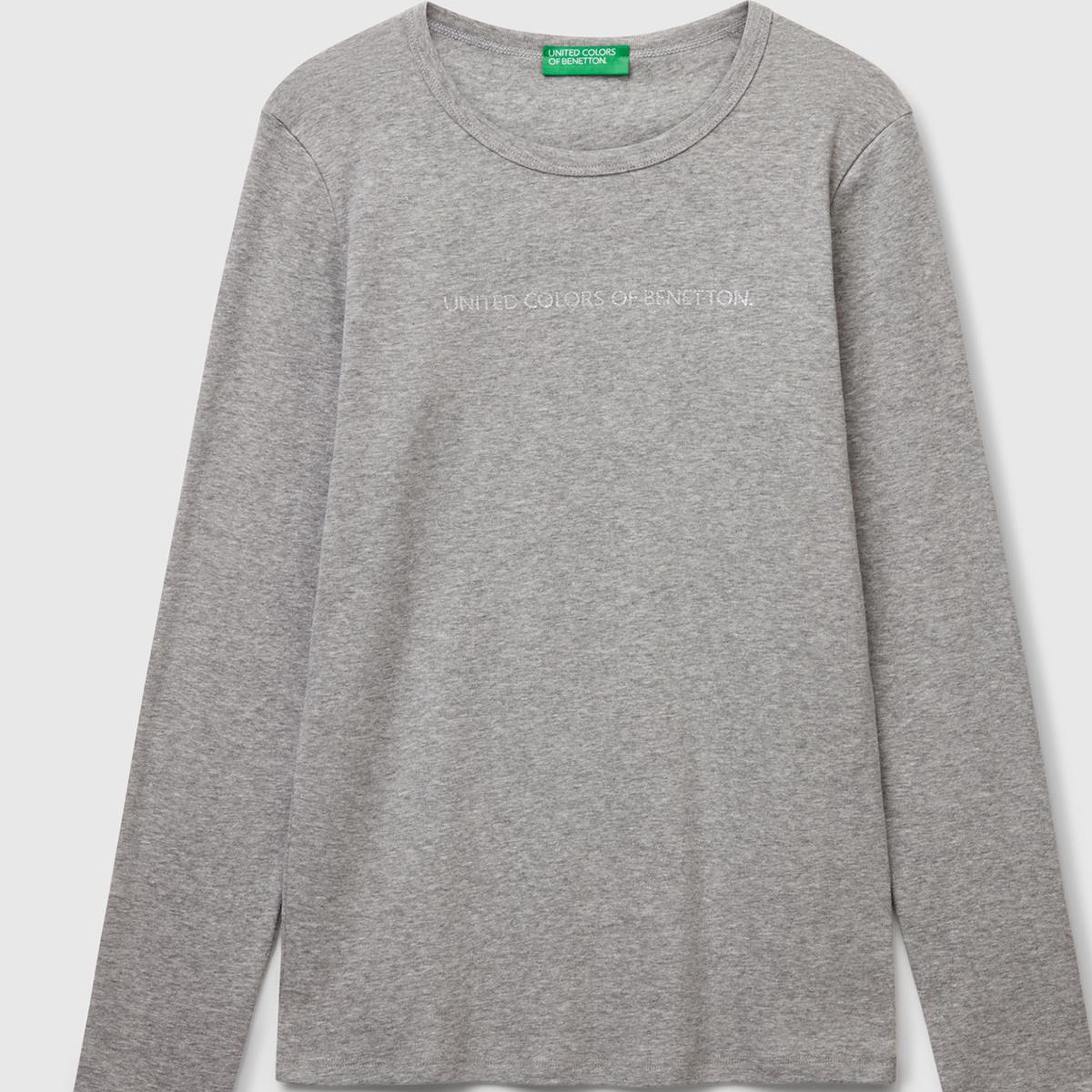 Kadın Gri Melanj %100 Koton Bisiklet Yaka Benetton Yazılı Uzun Kollu T-Shirt