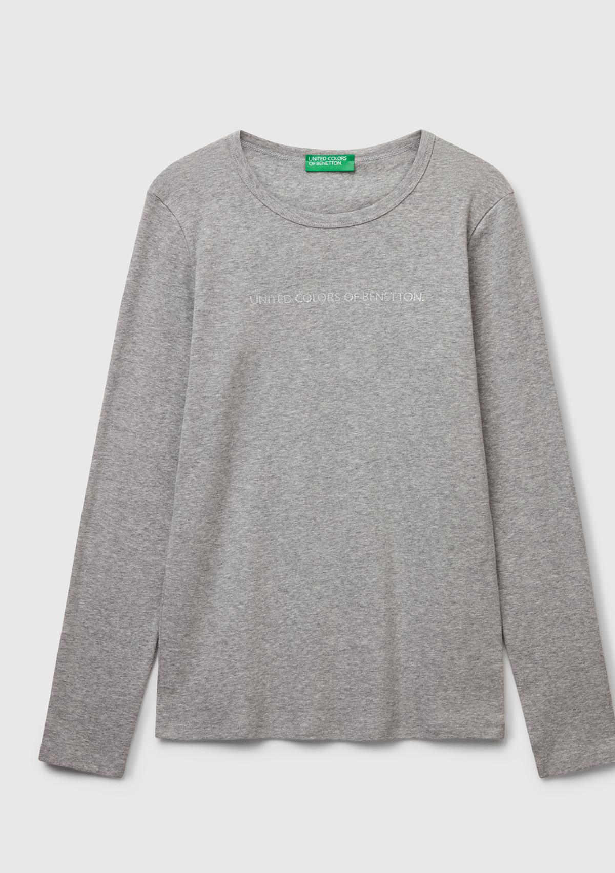 Kadın Gri Melanj %100 Koton Bisiklet Yaka Benetton Yazılı Uzun Kollu T-Shirt