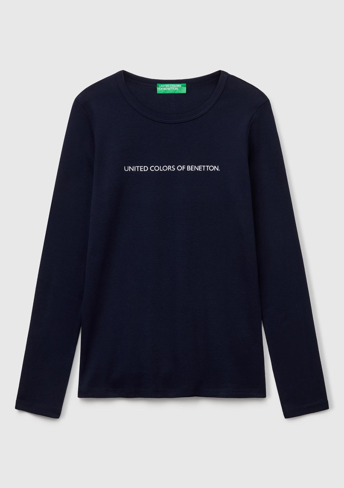 Kadın Lacivert %100 Koton Bisiklet Yaka Benetton Yazılı Uzun Kollu T-Shirt