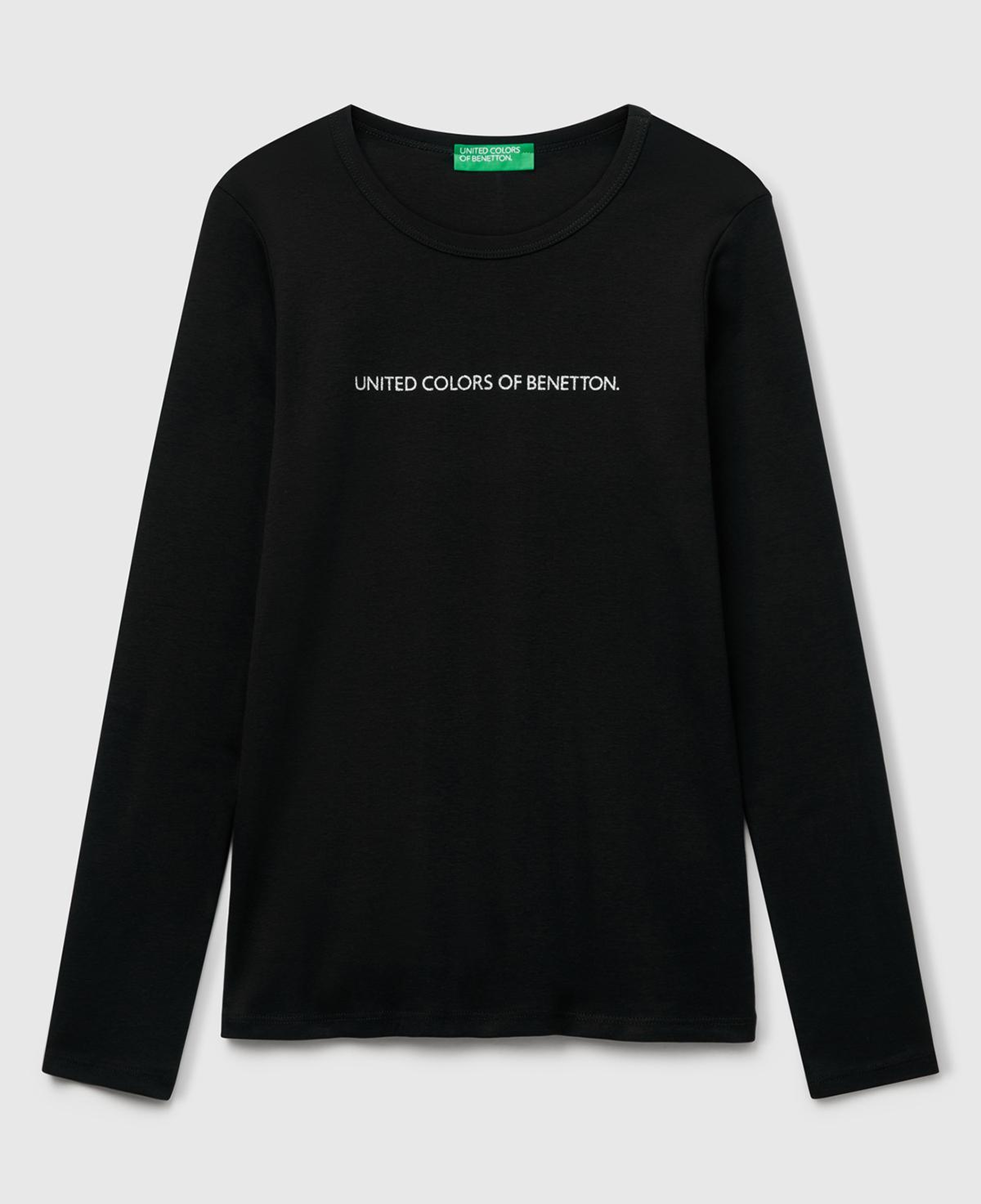 Kadın Siyah %100 Koton Bisiklet Yaka Benetton Yazılı Uzun Kollu T-Shirt