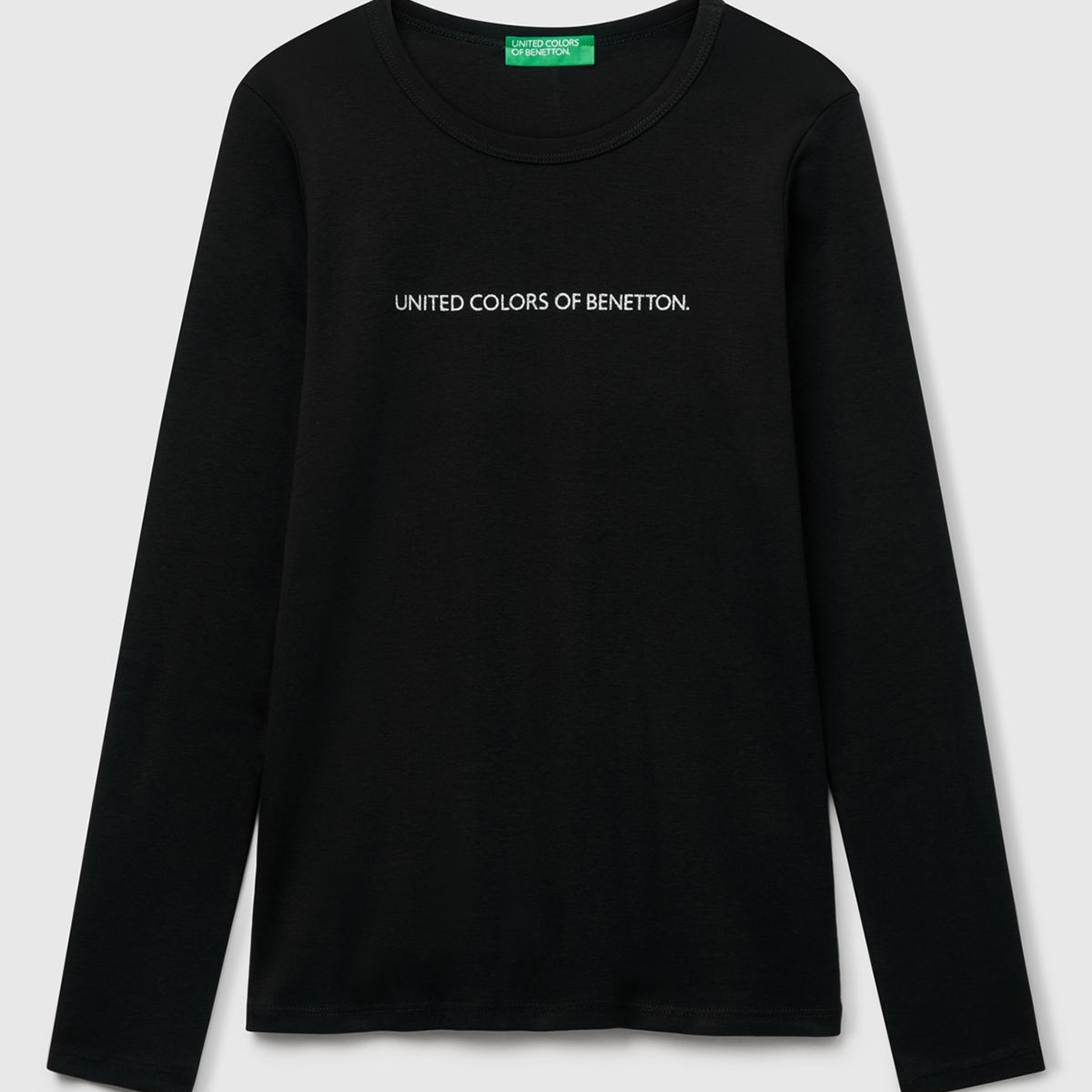 Kadın Siyah %100 Koton Bisiklet Yaka Benetton Yazılı Uzun Kollu T-Shirt