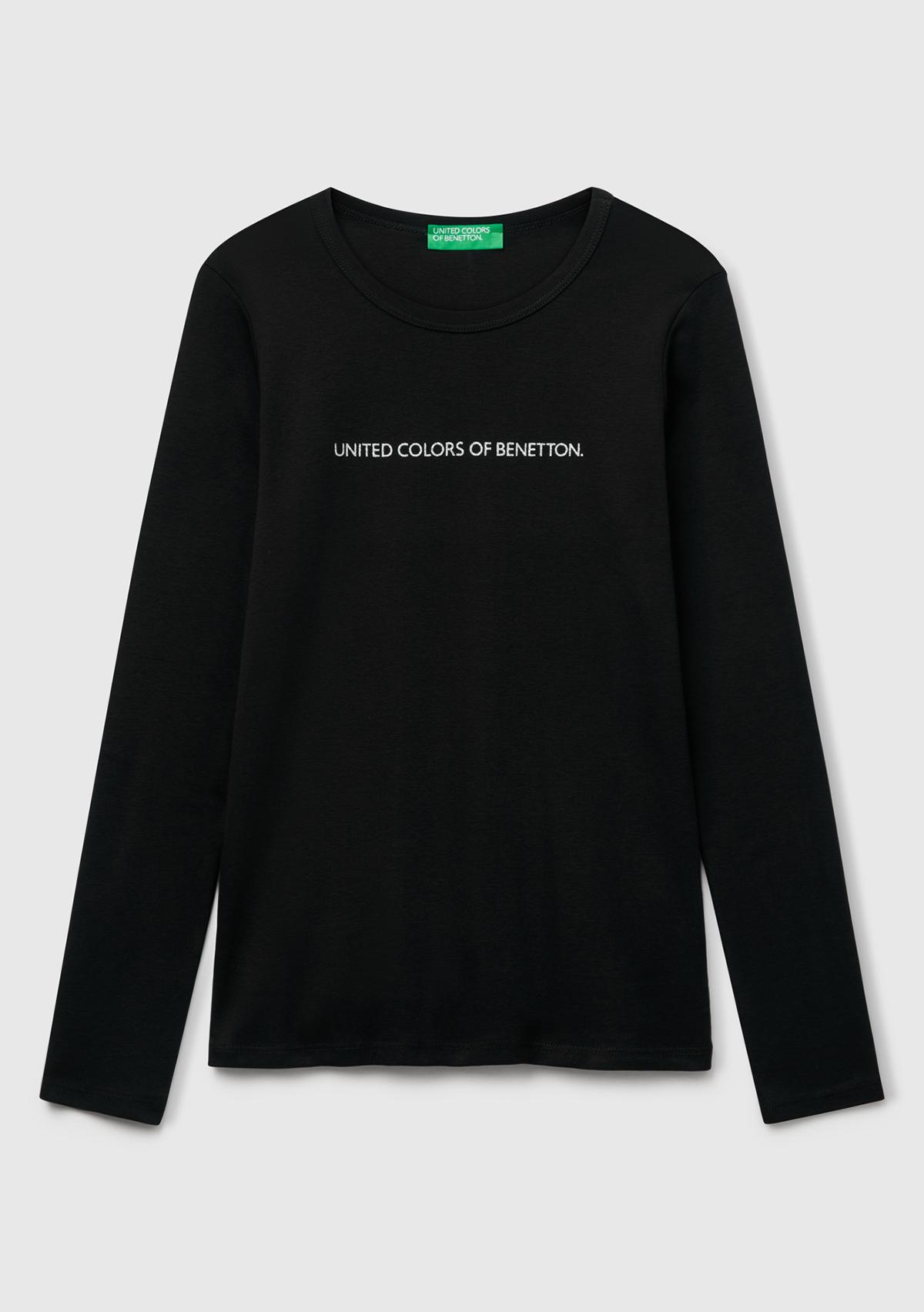 Kadın Siyah %100 Koton Bisiklet Yaka Benetton Yazılı Uzun Kollu T-Shirt