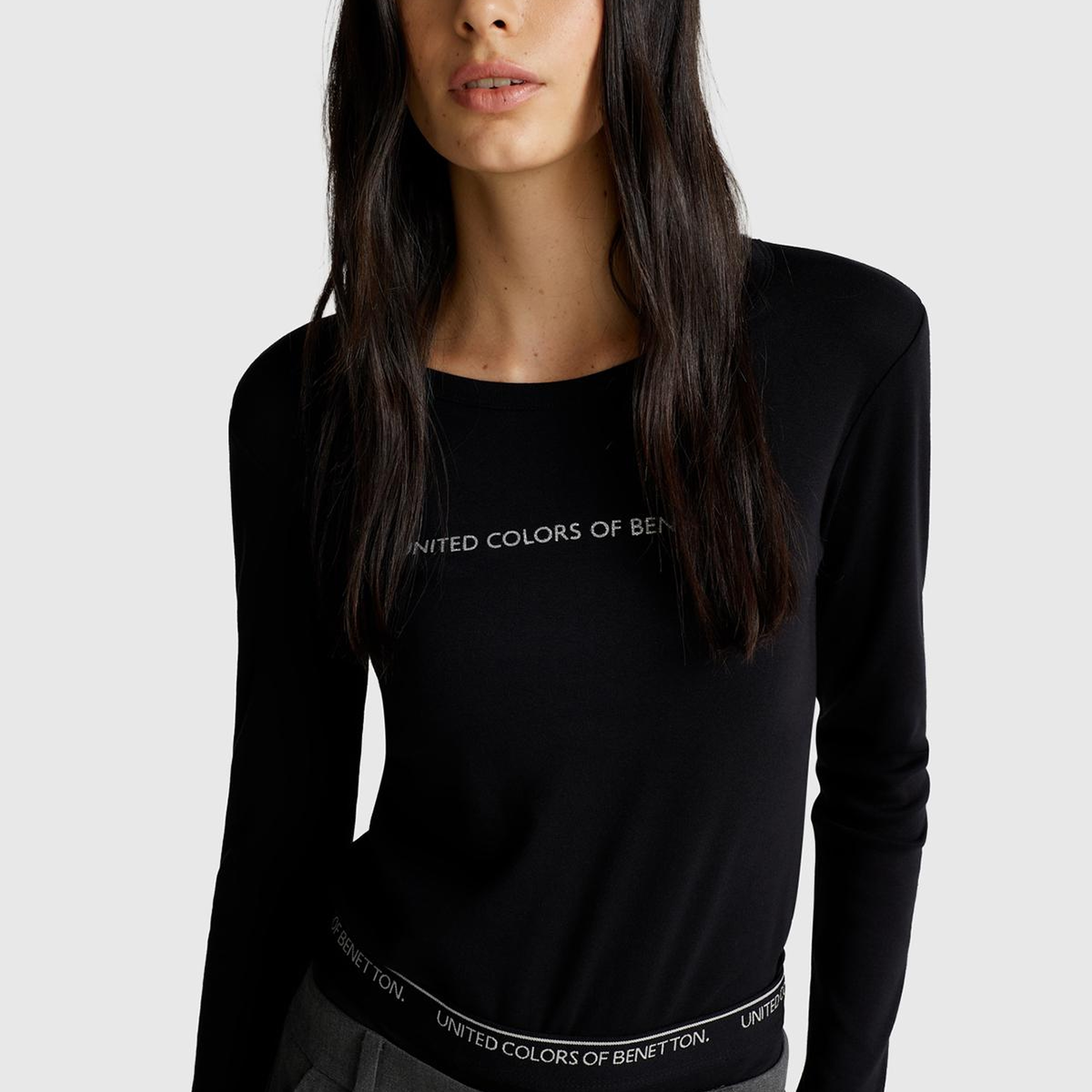 Kadın Siyah %100 Koton Bisiklet Yaka Benetton Yazılı Uzun Kollu T-Shirt