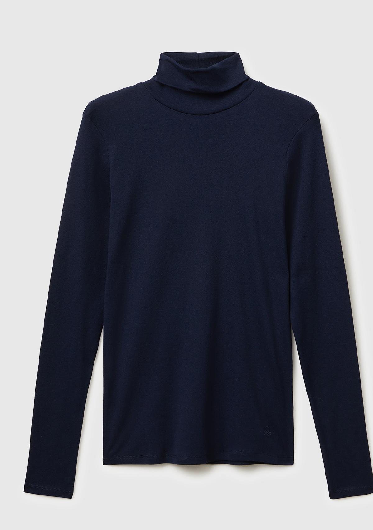 Kadın Lacivert %100 Pamuk Boğazlı Uzun Kollu T-Shirt