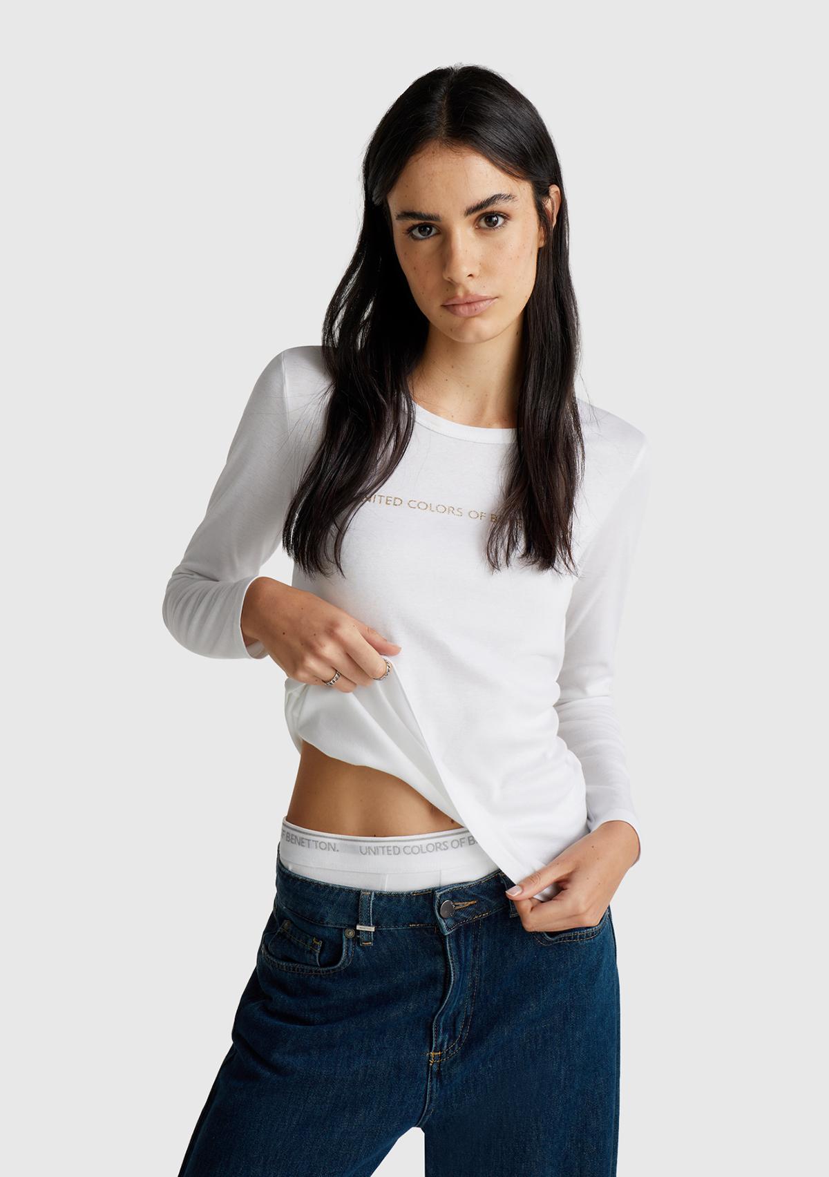 Kadın Beyaz %100 Koton Bisiklet Yaka Benetton Yazılı Uzun Kollu T-Shirt