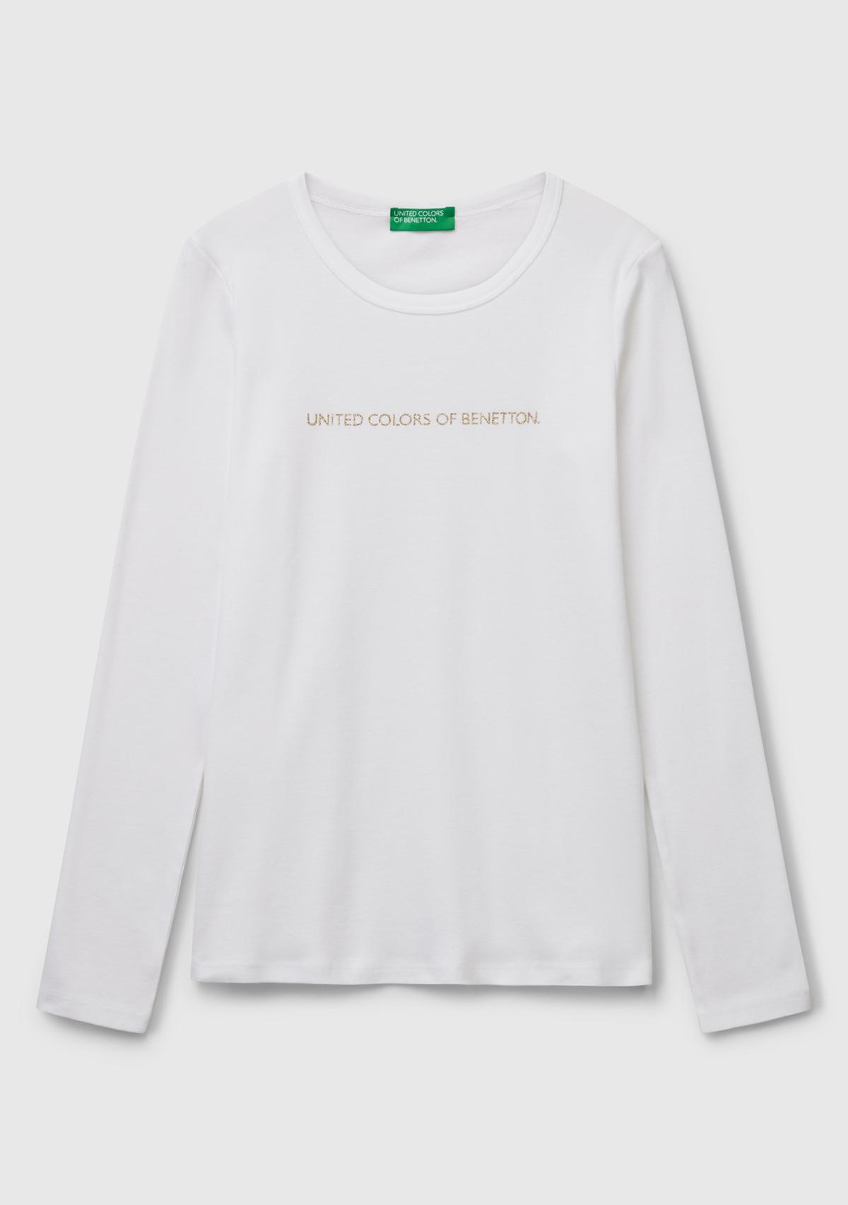 Kadın Beyaz %100 Koton Bisiklet Yaka Benetton Yazılı Uzun Kollu T-Shirt