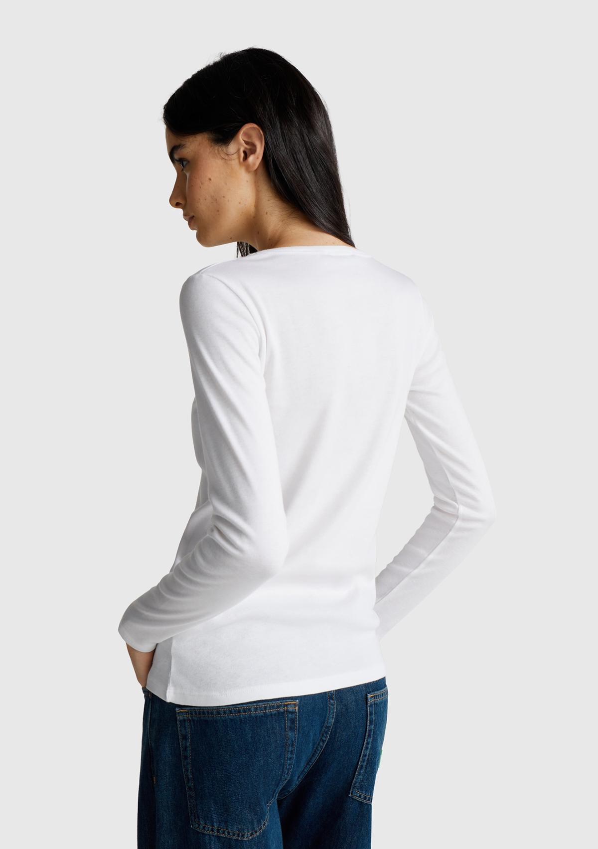 Kadın Beyaz %100 Koton Bisiklet Yaka Benetton Yazılı Uzun Kollu T-Shirt