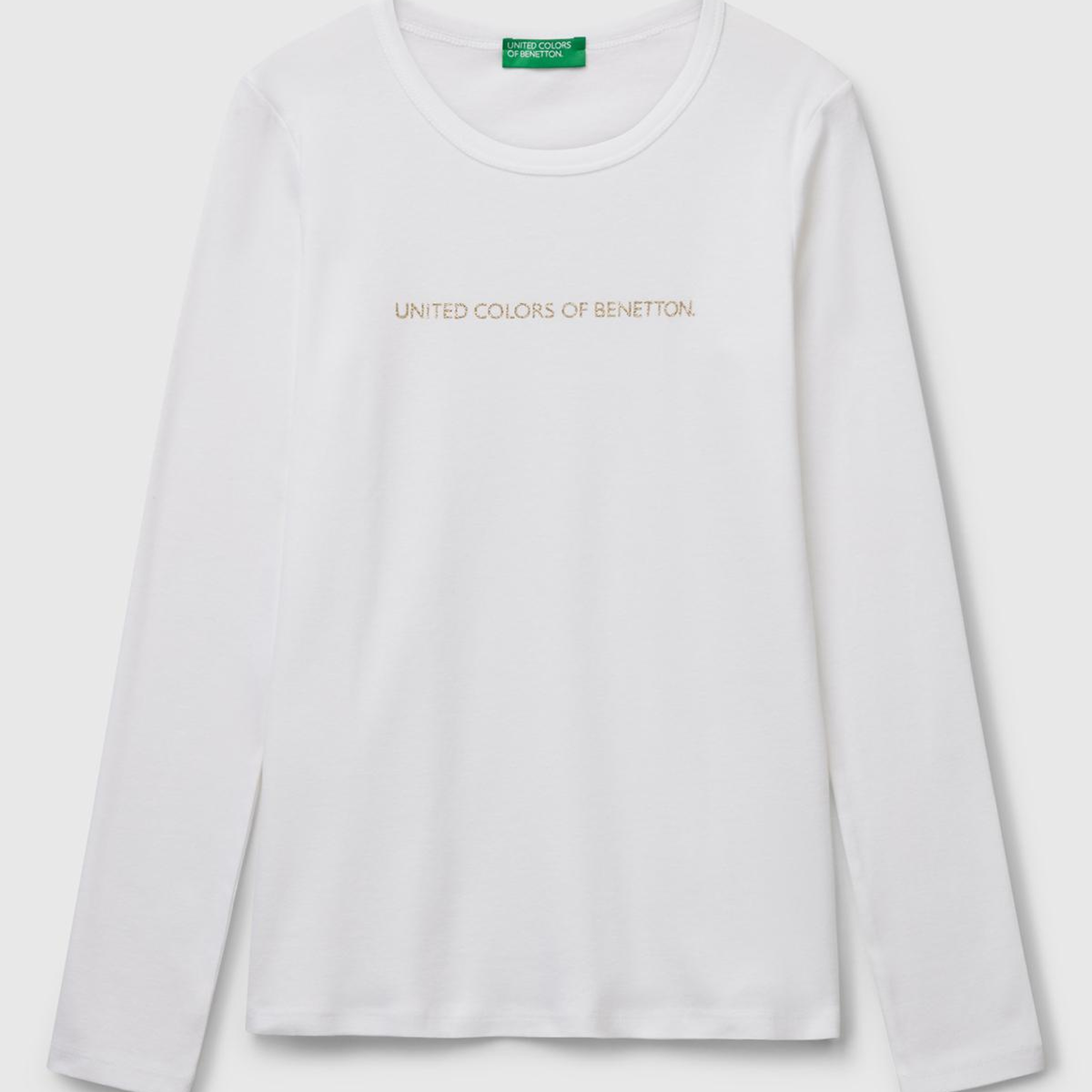Kadın Beyaz %100 Koton Bisiklet Yaka Benetton Yazılı Uzun Kollu T-Shirt