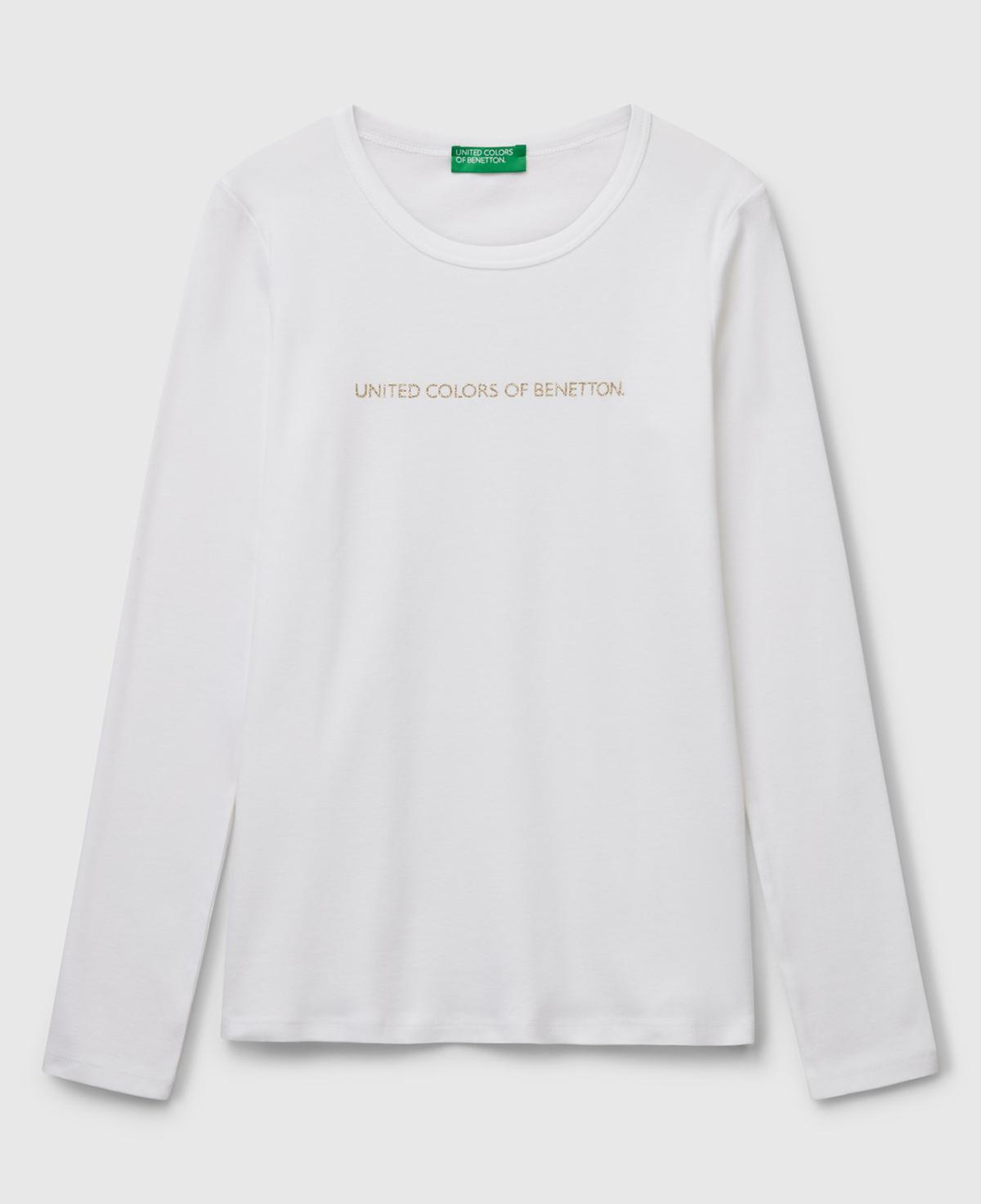 Kadın Beyaz %100 Koton Bisiklet Yaka Benetton Yazılı Uzun Kollu T-Shirt