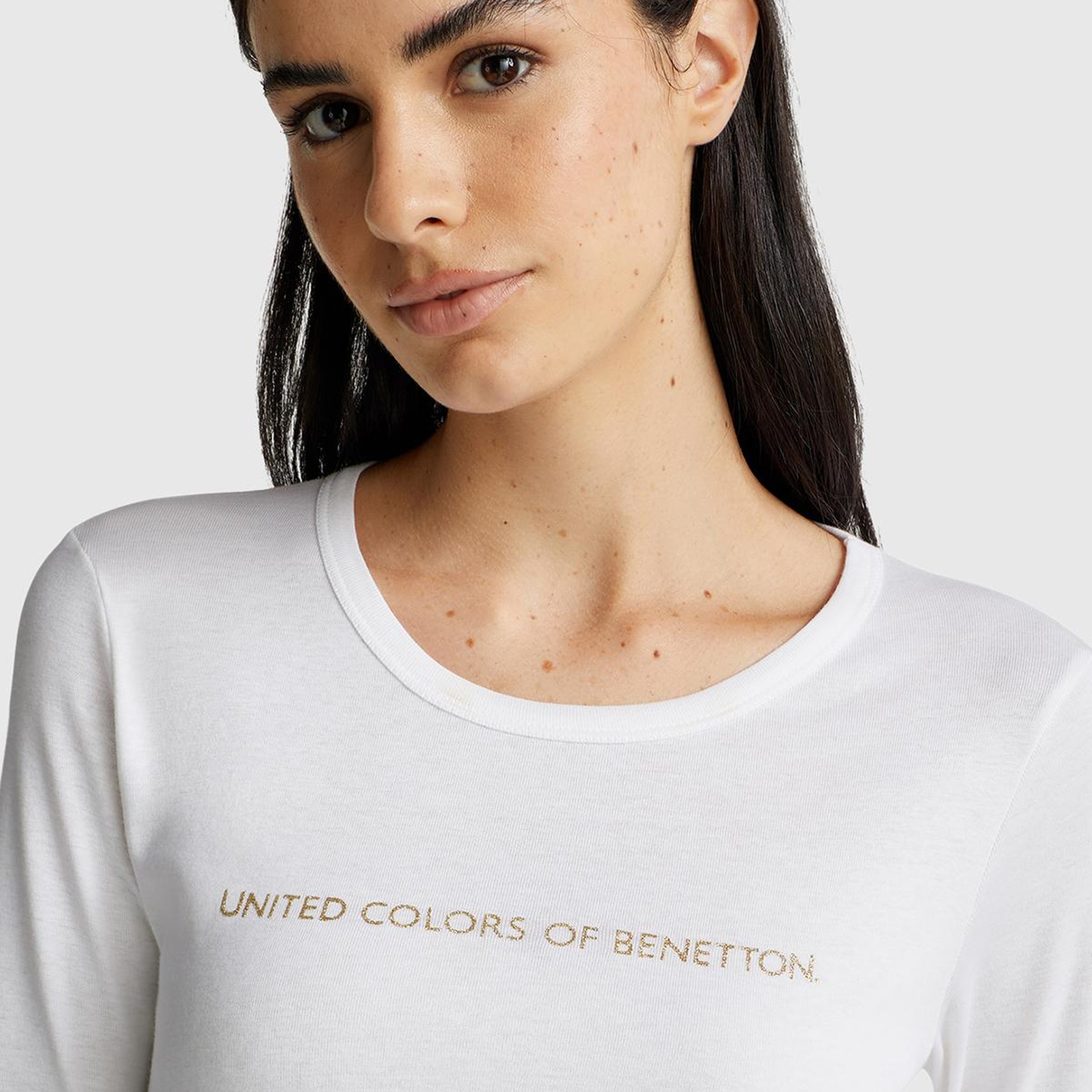 Kadın Beyaz %100 Koton Bisiklet Yaka Benetton Yazılı Uzun Kollu T-Shirt