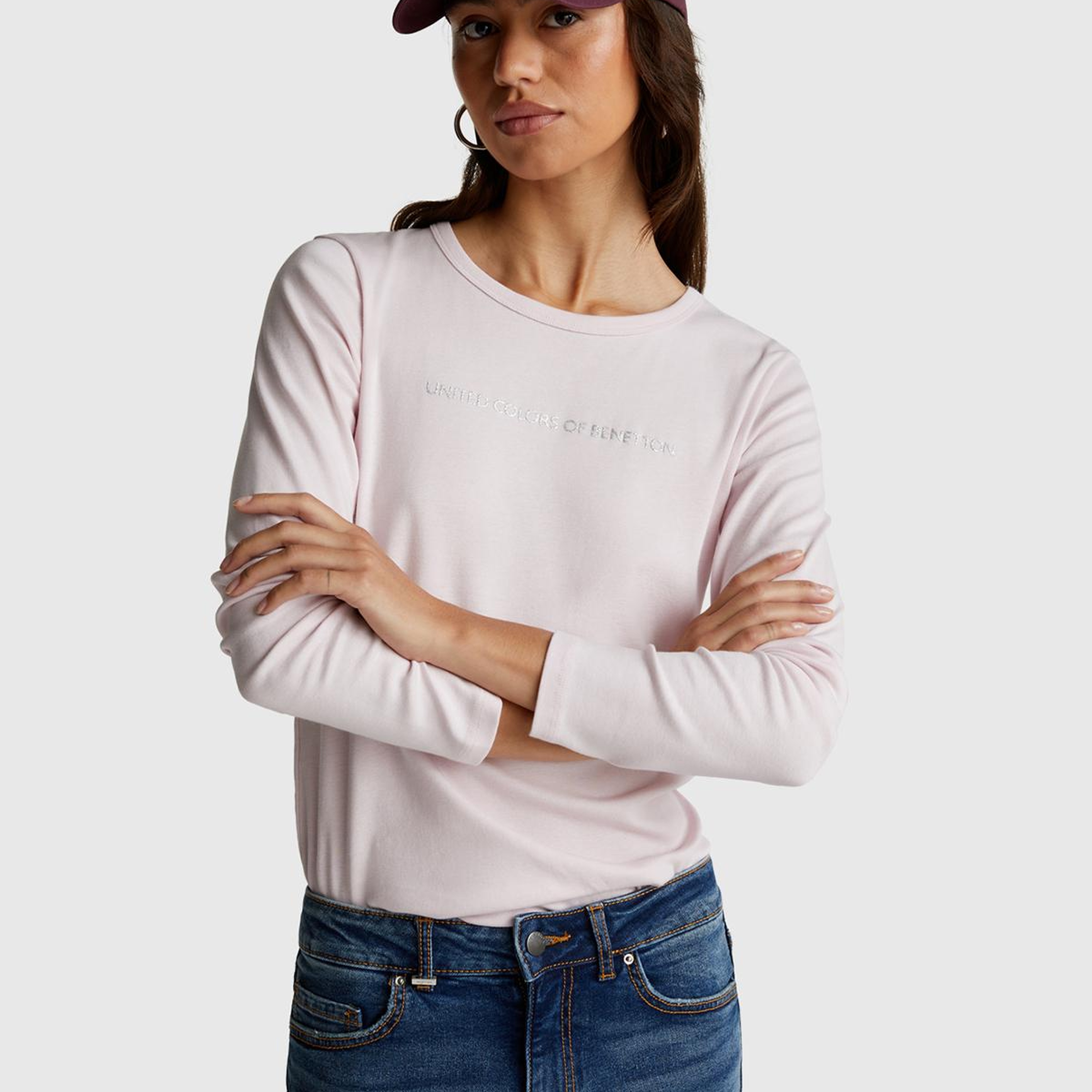 Kadın Açık Pembe %100 Koton Bisiklet Yaka Benetton Yazılı Uzun Kollu T-Shirt