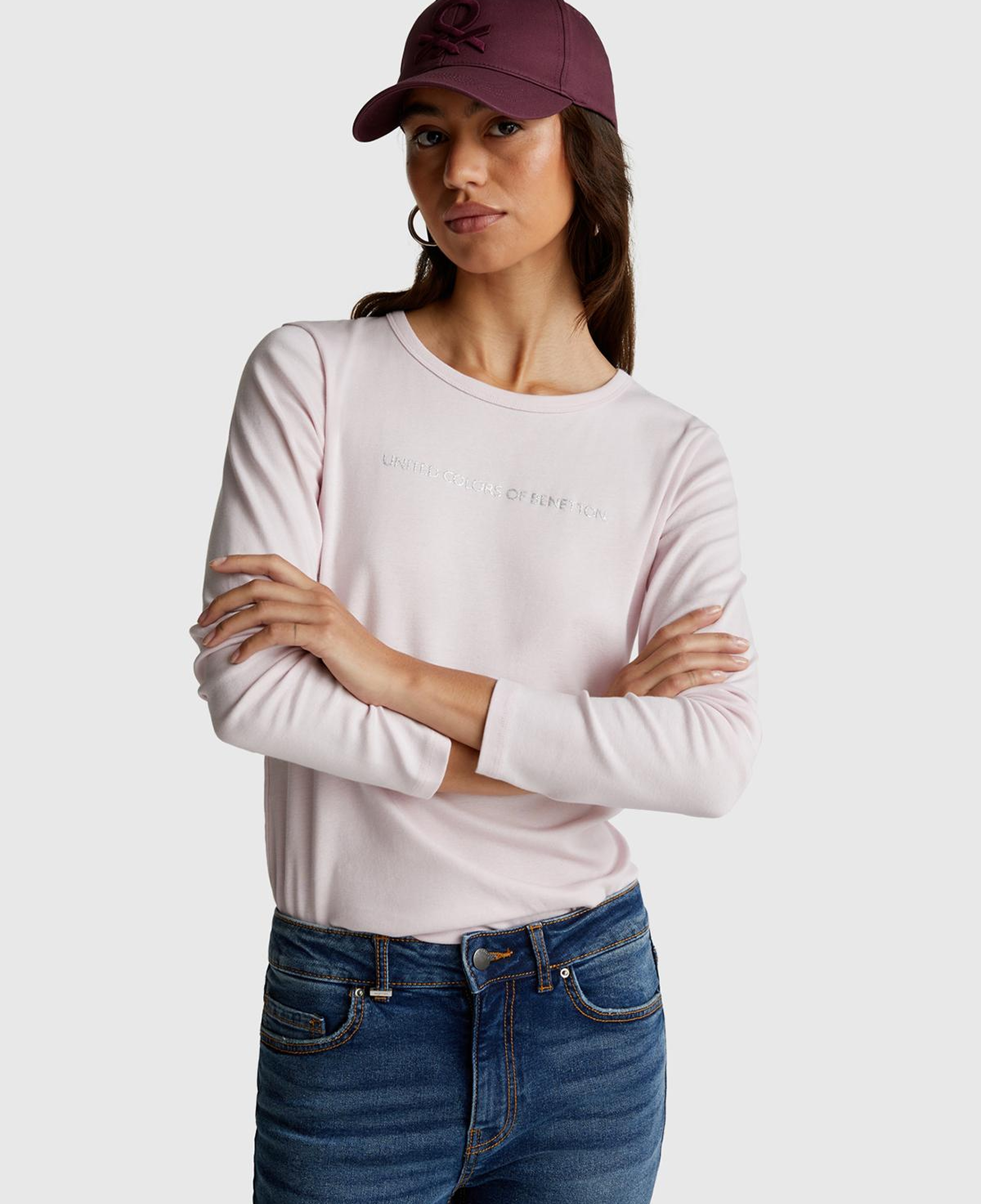 Kadın Açık Pembe %100 Koton Bisiklet Yaka Benetton Yazılı Uzun Kollu T-Shirt