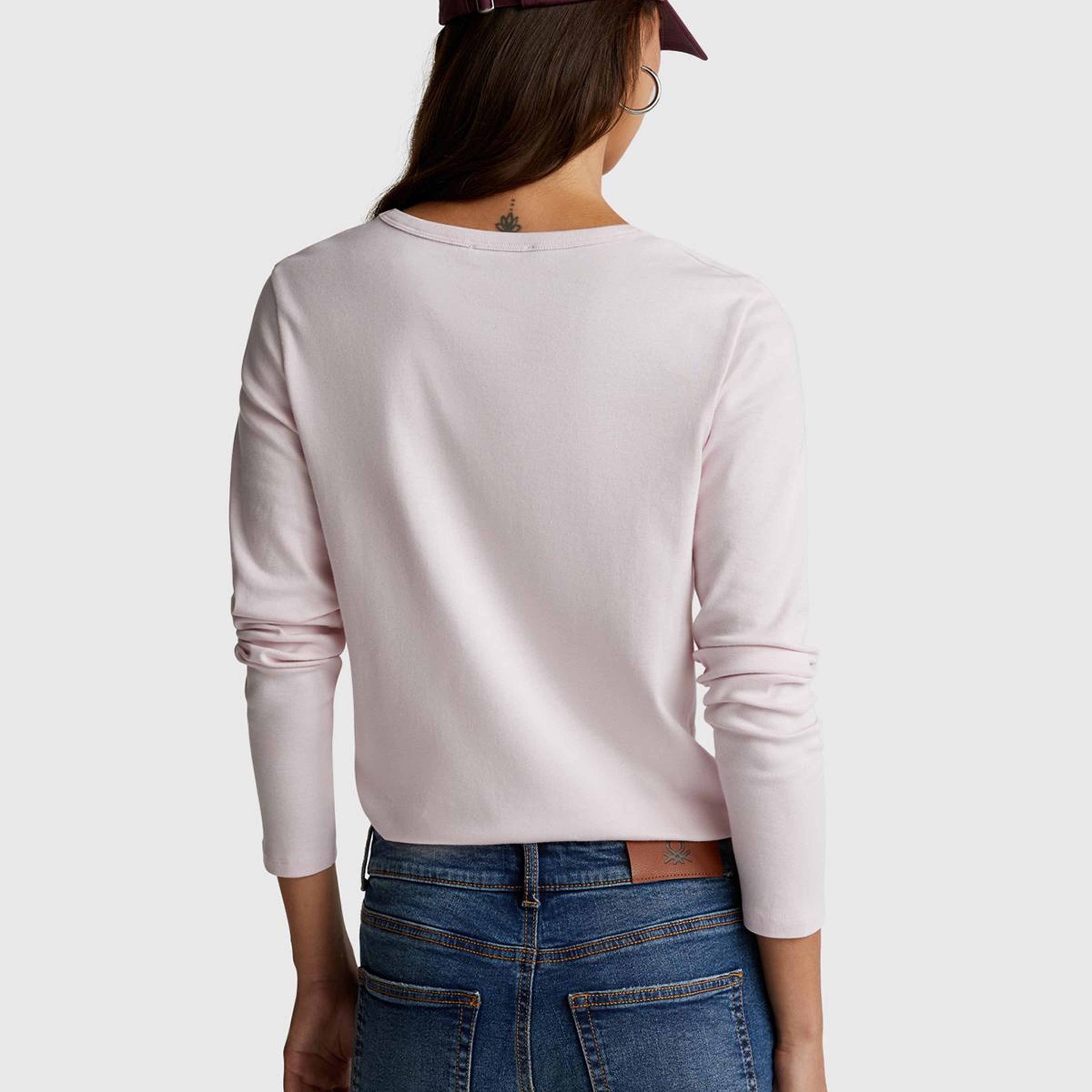 Kadın Açık Pembe %100 Koton Bisiklet Yaka Benetton Yazılı Uzun Kollu T-Shirt
