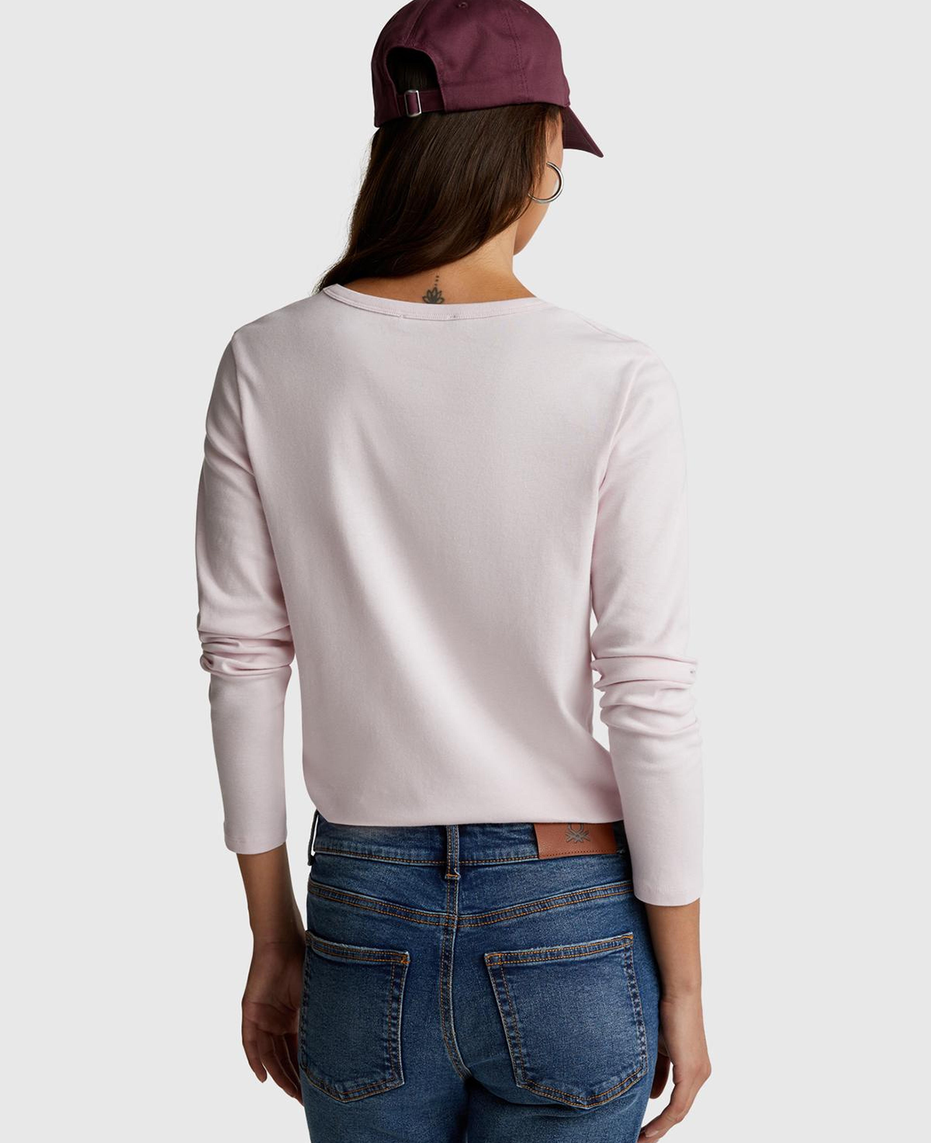 Kadın Açık Pembe %100 Koton Bisiklet Yaka Benetton Yazılı Uzun Kollu T-Shirt