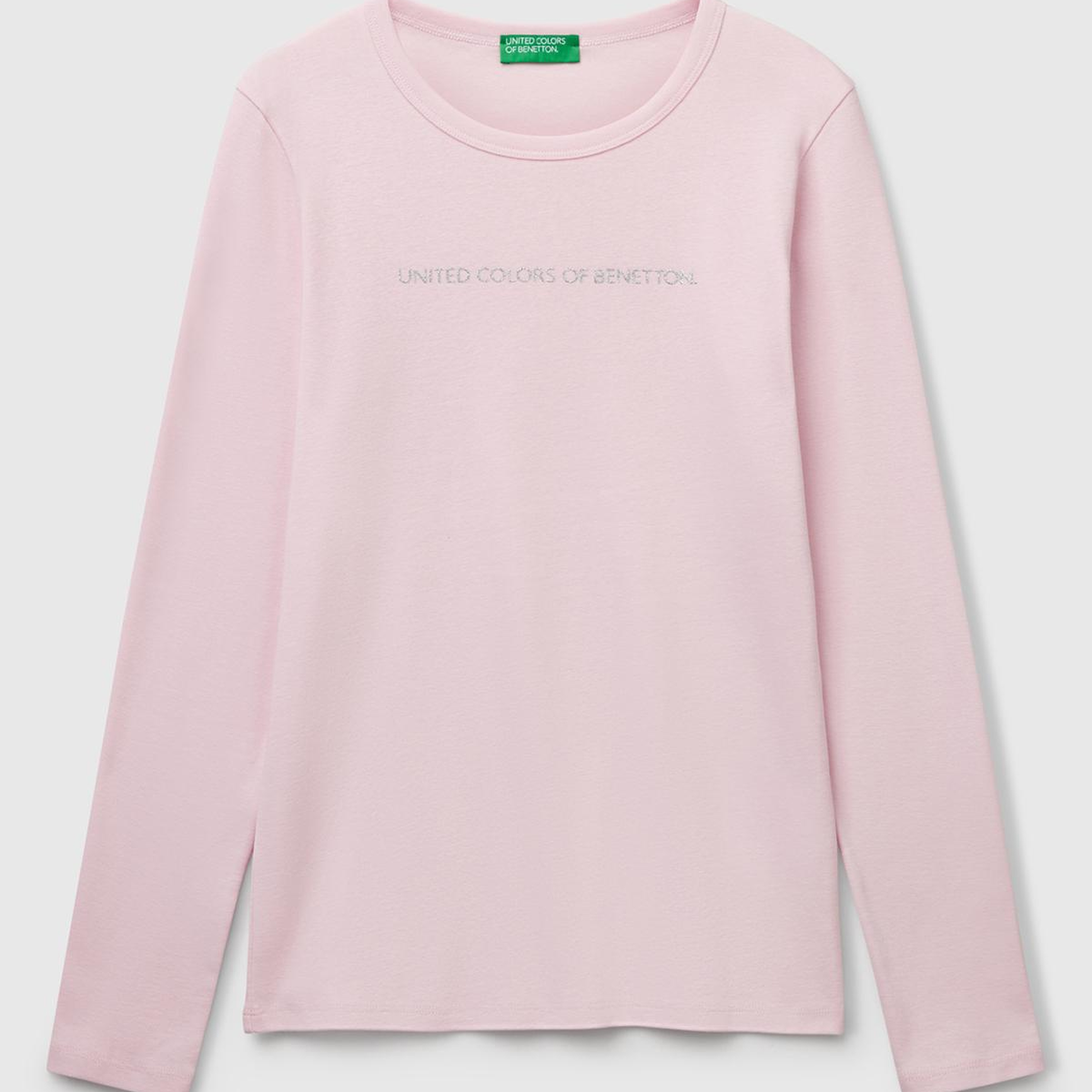 Kadın Açık Pembe %100 Koton Bisiklet Yaka Benetton Yazılı Uzun Kollu T-Shirt