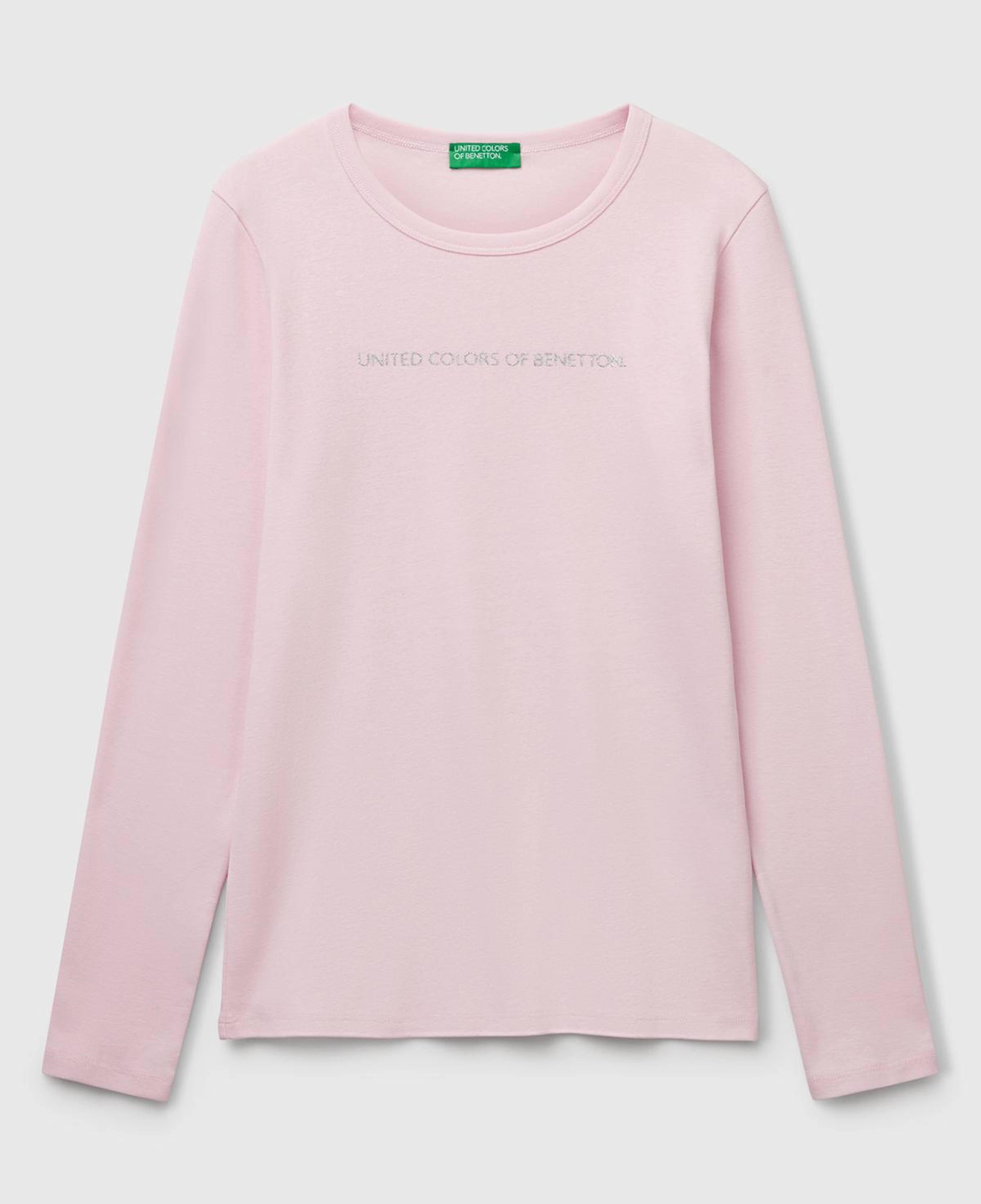 Kadın Açık Pembe %100 Koton Bisiklet Yaka Benetton Yazılı Uzun Kollu T-Shirt