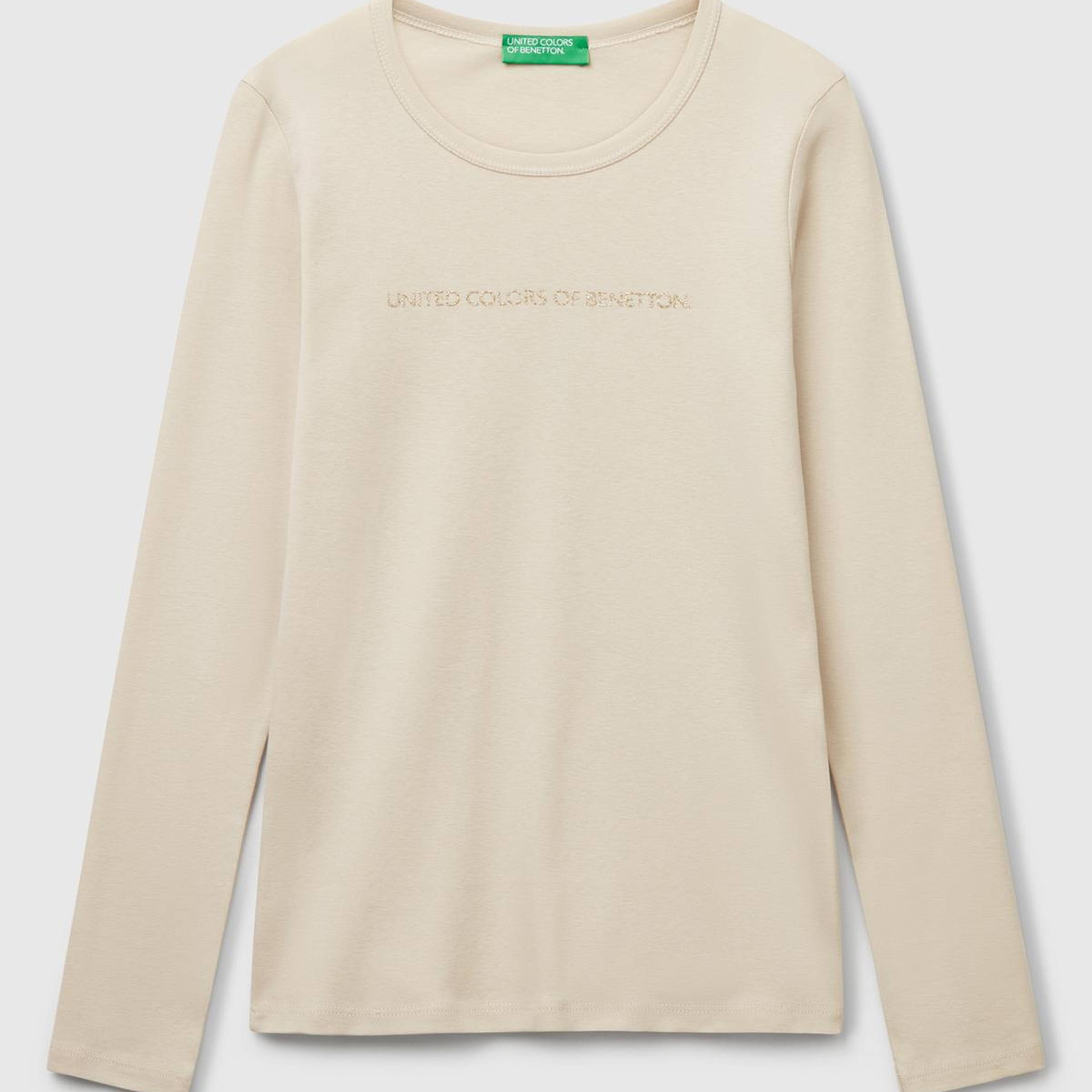 Kadın Krem %100 Koton Bisiklet Yaka Benetton Yazılı Uzun Kollu T-Shirt