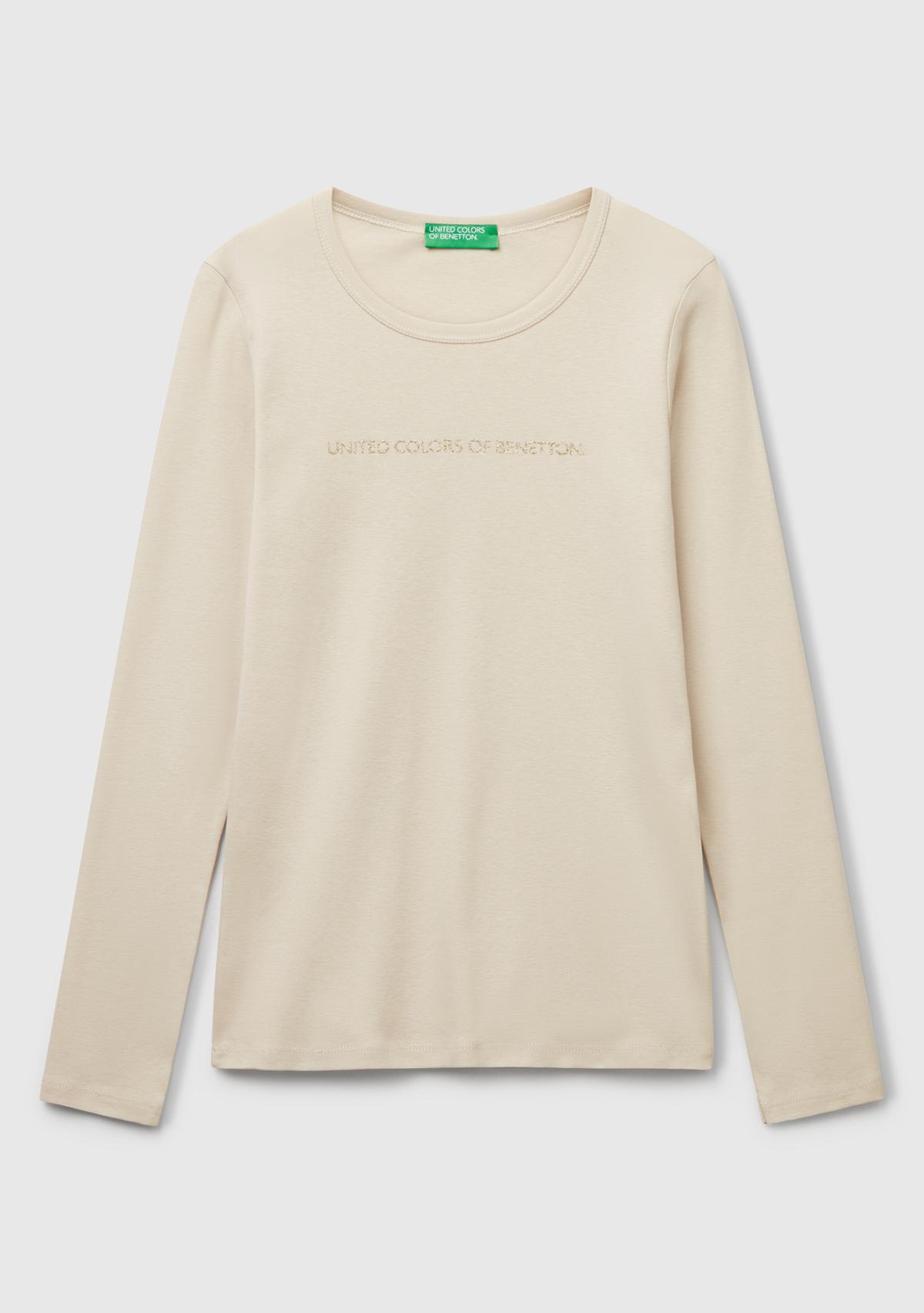 Kadın Krem %100 Koton Bisiklet Yaka Benetton Yazılı Uzun Kollu T-Shirt