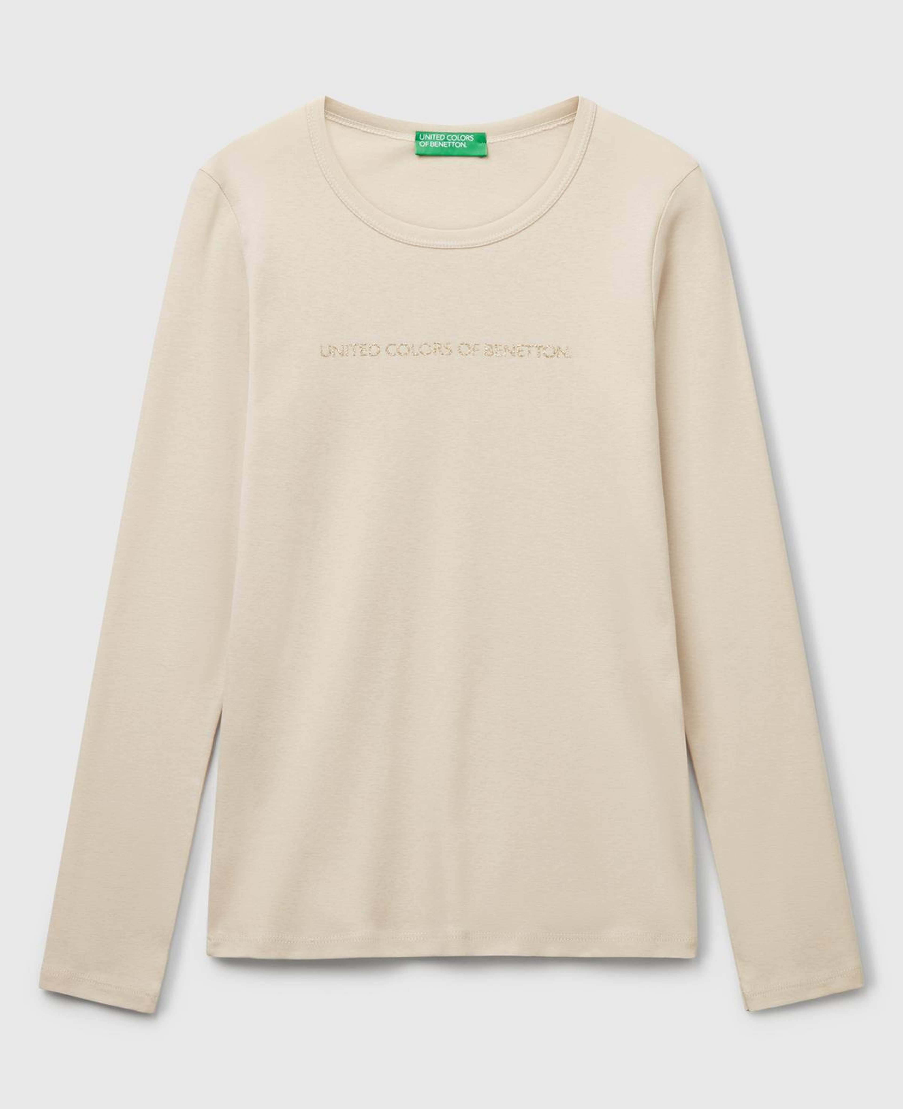 Kadın Krem %100 Koton Bisiklet Yaka Benetton Yazılı Uzun Kollu T-Shirt