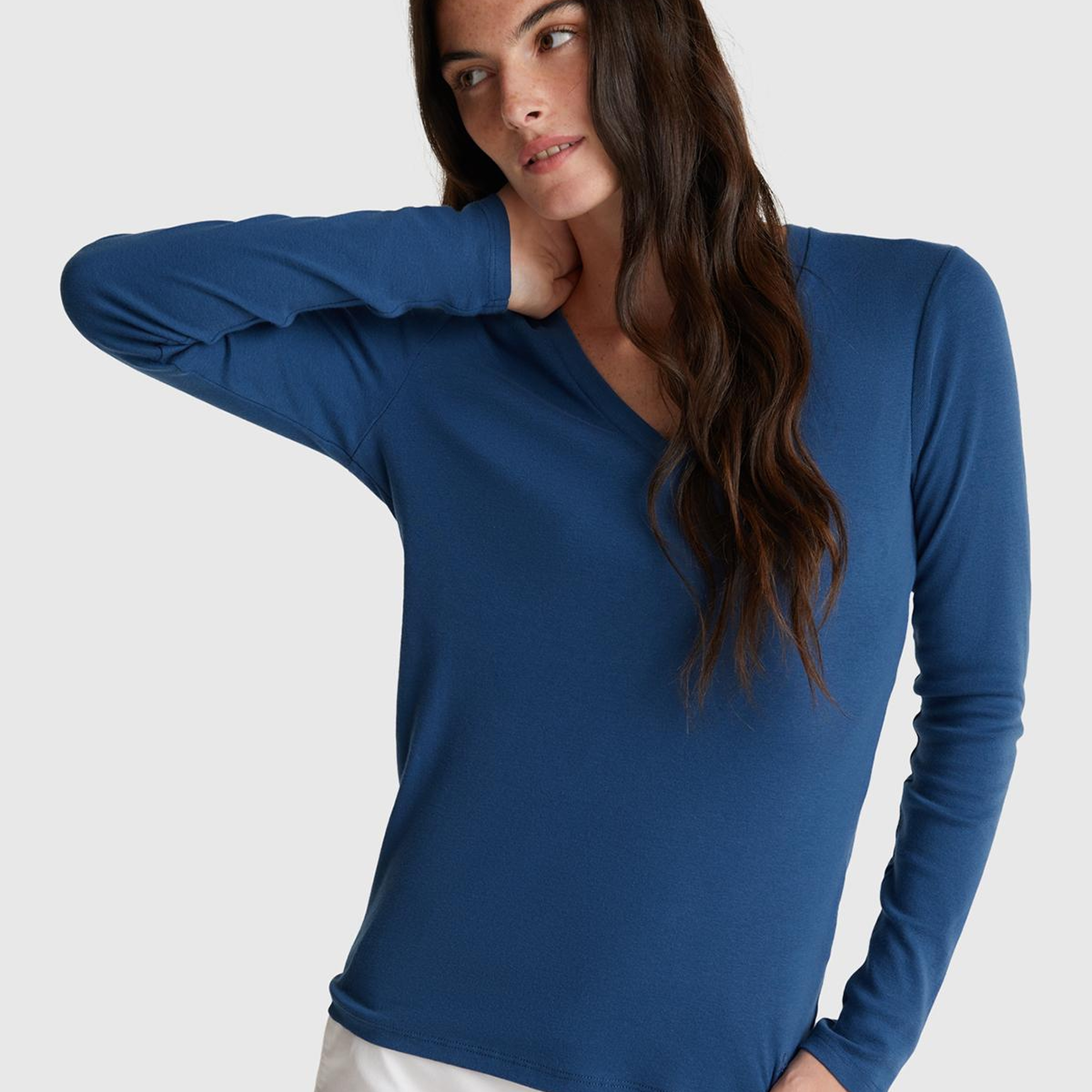 Kadın İndigo Mavisi Basic V Yaka Uzun Kollu T-Shirt