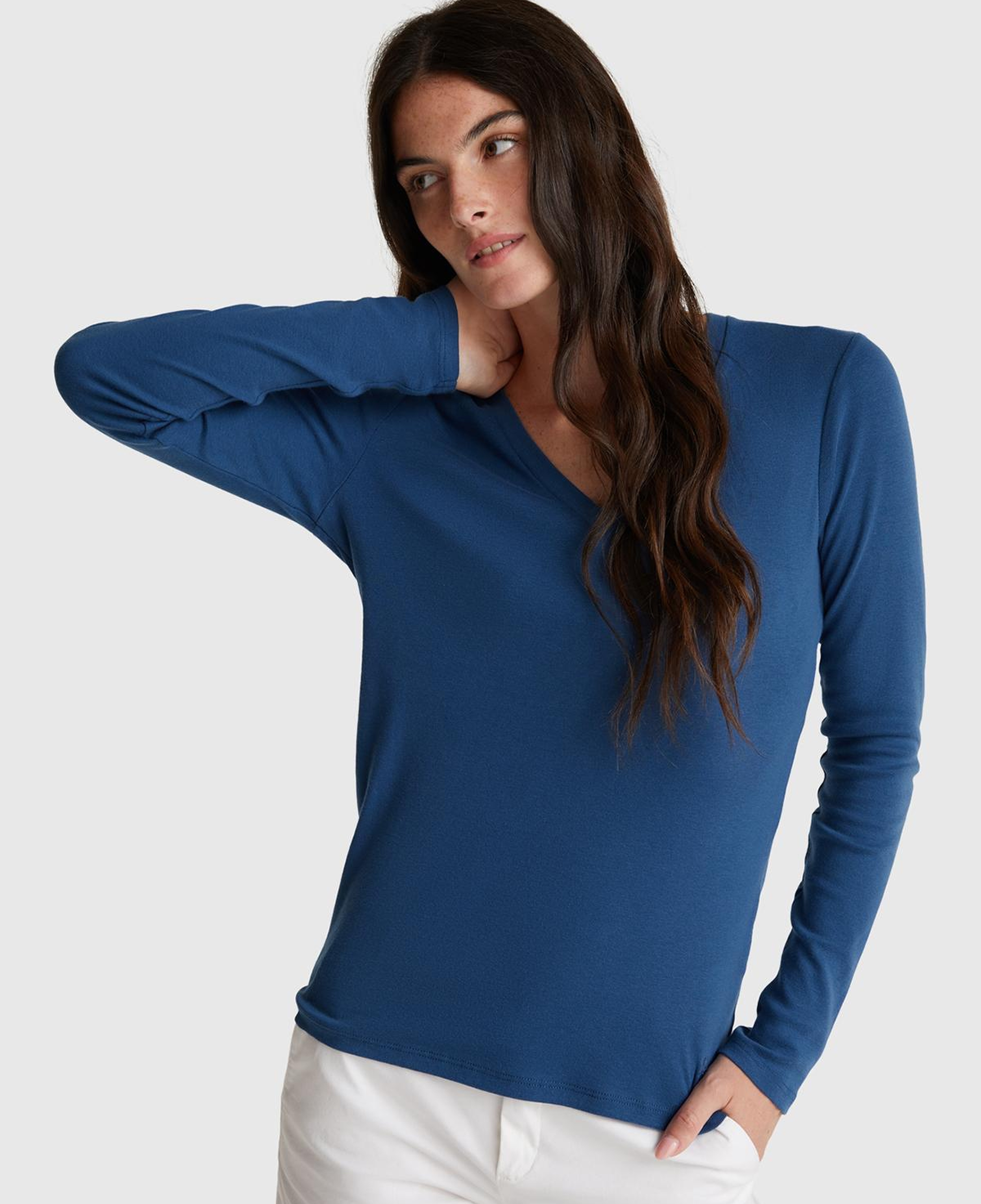 Kadın İndigo Mavisi Basic V Yaka Uzun Kollu T-Shirt