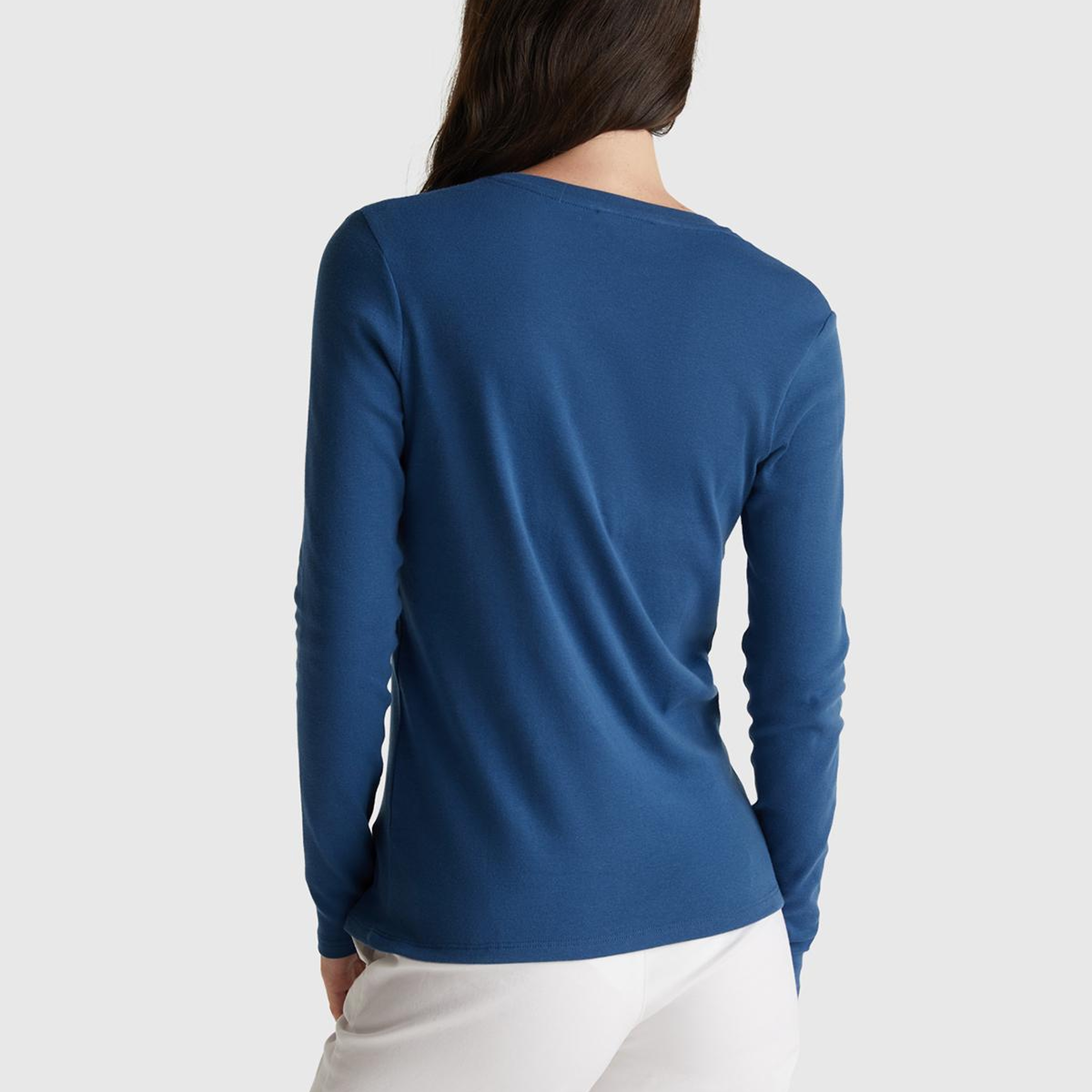 Kadın İndigo Mavisi Basic V Yaka Uzun Kollu T-Shirt