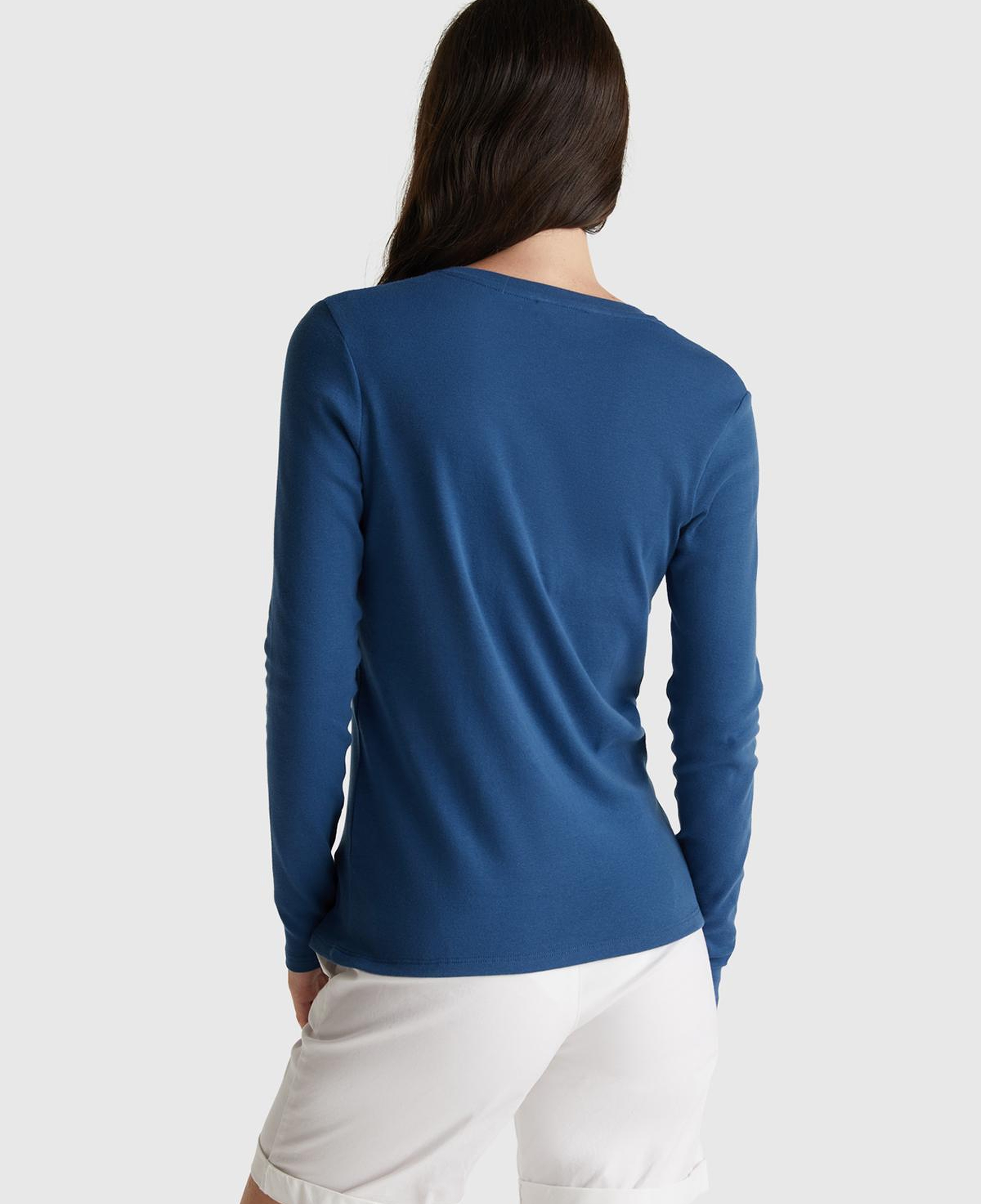 Kadın İndigo Mavisi Basic V Yaka Uzun Kollu T-Shirt
