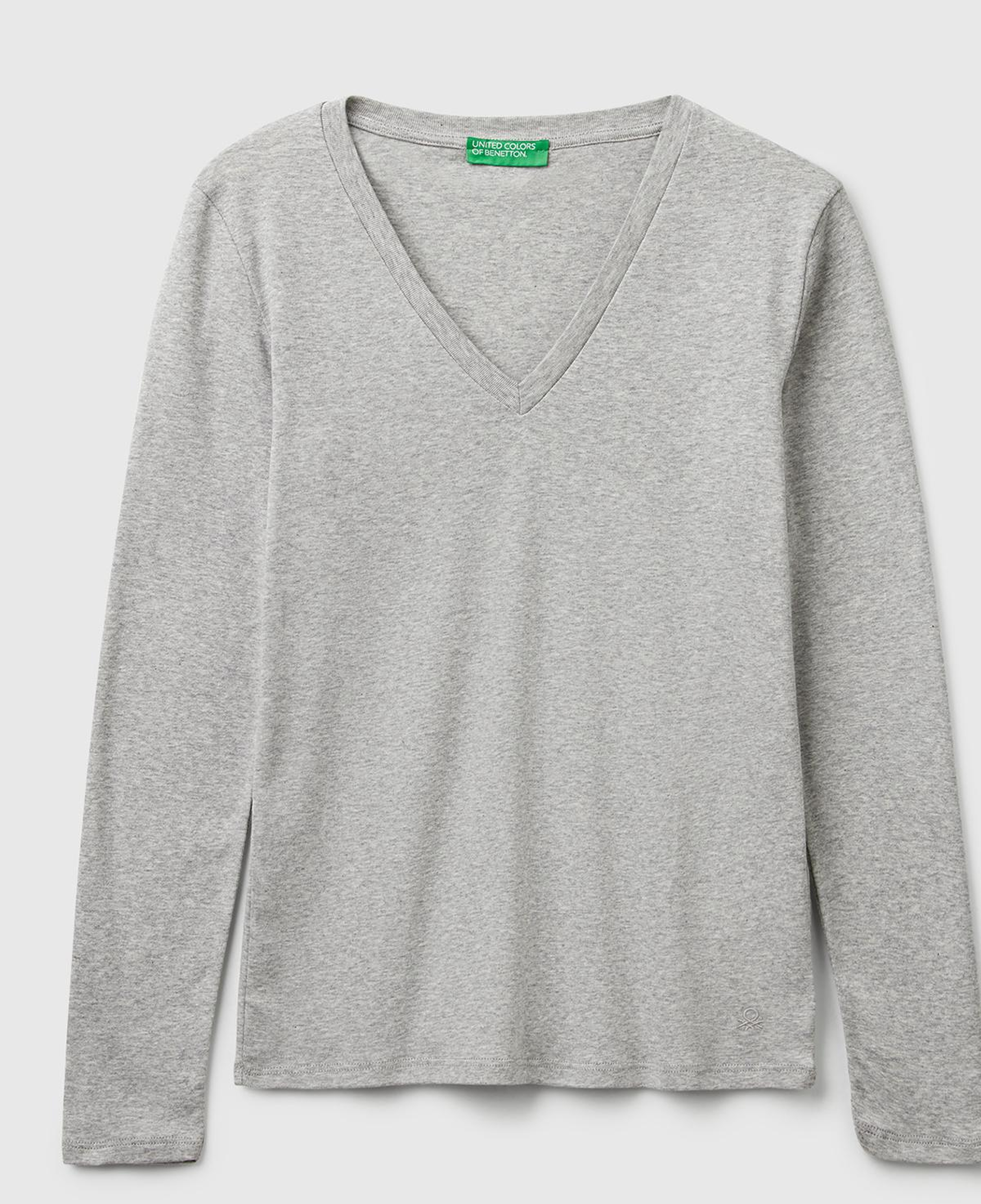 Kadın Gri Melanj Basic V Yaka Uzun Kollu T-Shirt