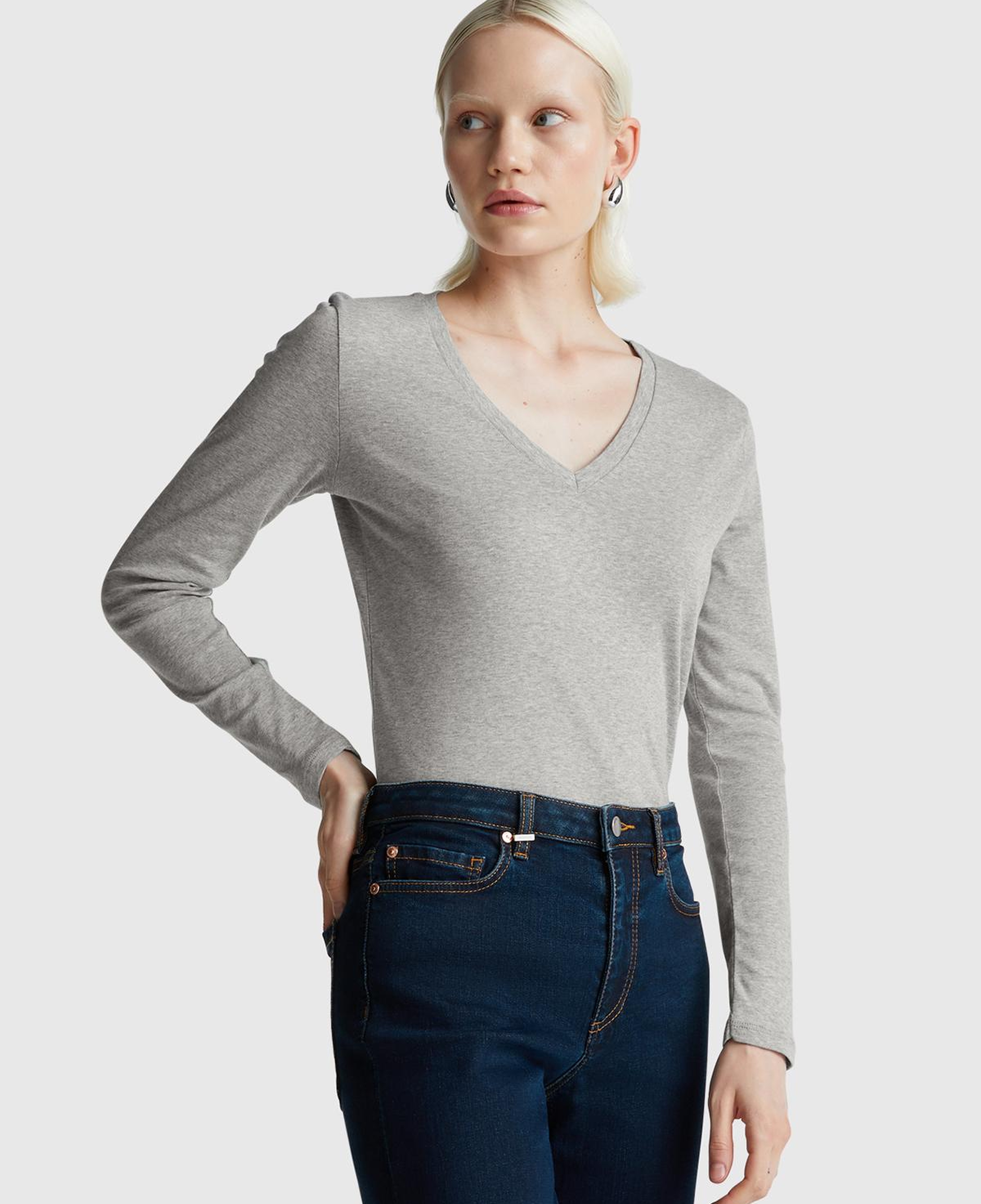 Kadın Gri Melanj Basic V Yaka Uzun Kollu T-Shirt