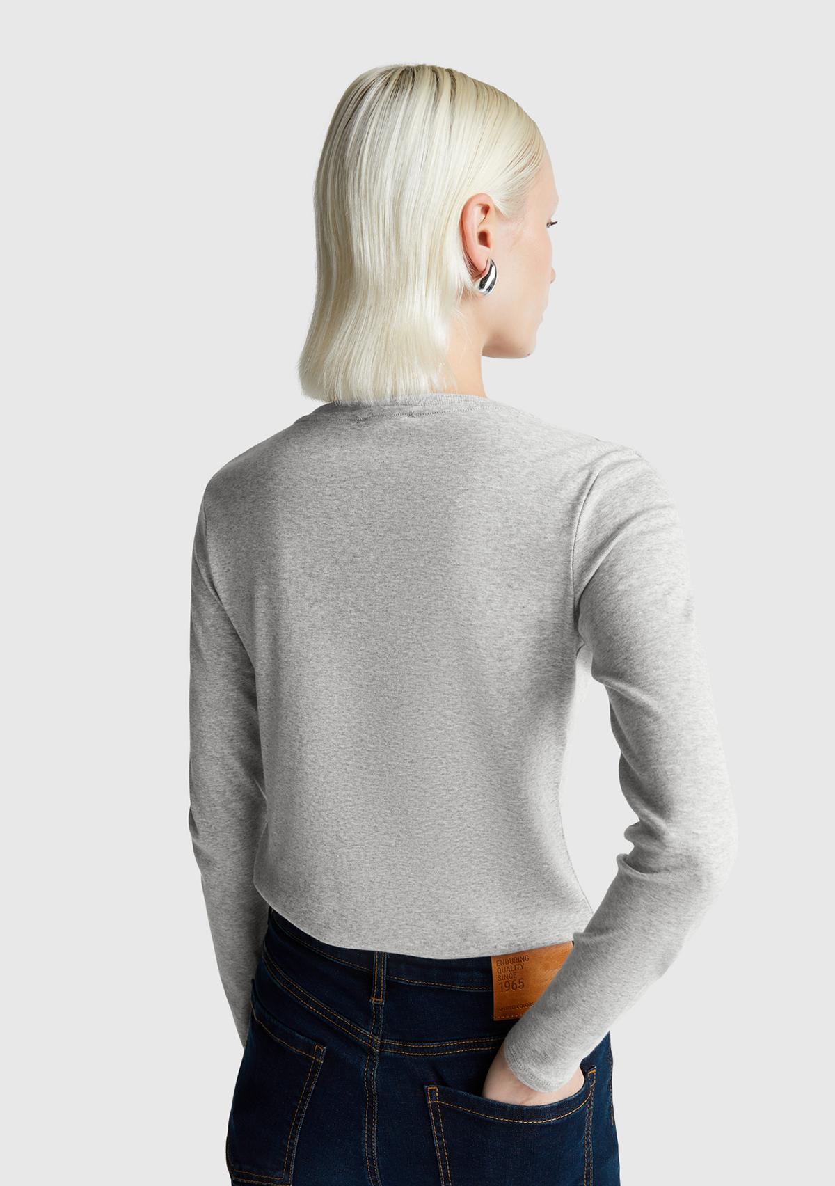Kadın Gri Melanj Basic V Yaka Uzun Kollu T-Shirt