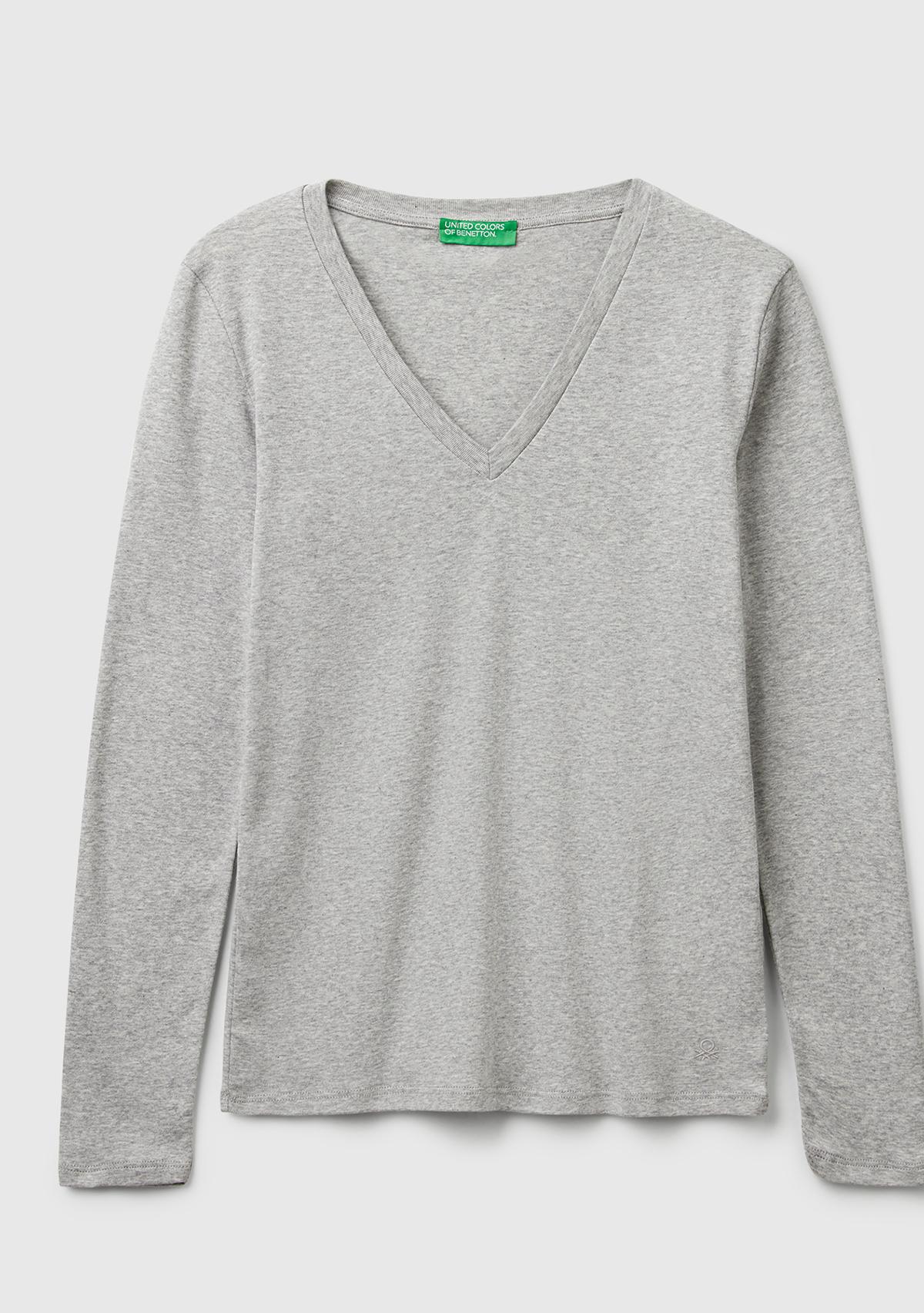 Kadın Gri Melanj Basic V Yaka Uzun Kollu T-Shirt