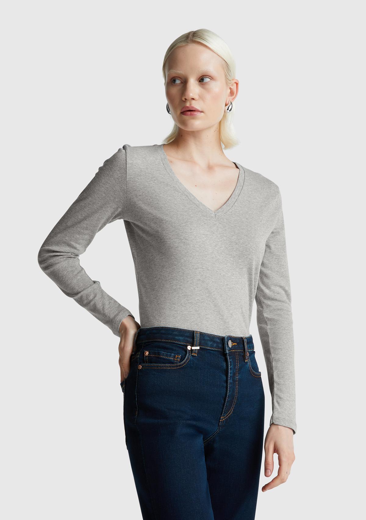 Kadın Gri Melanj Basic V Yaka Uzun Kollu T-Shirt