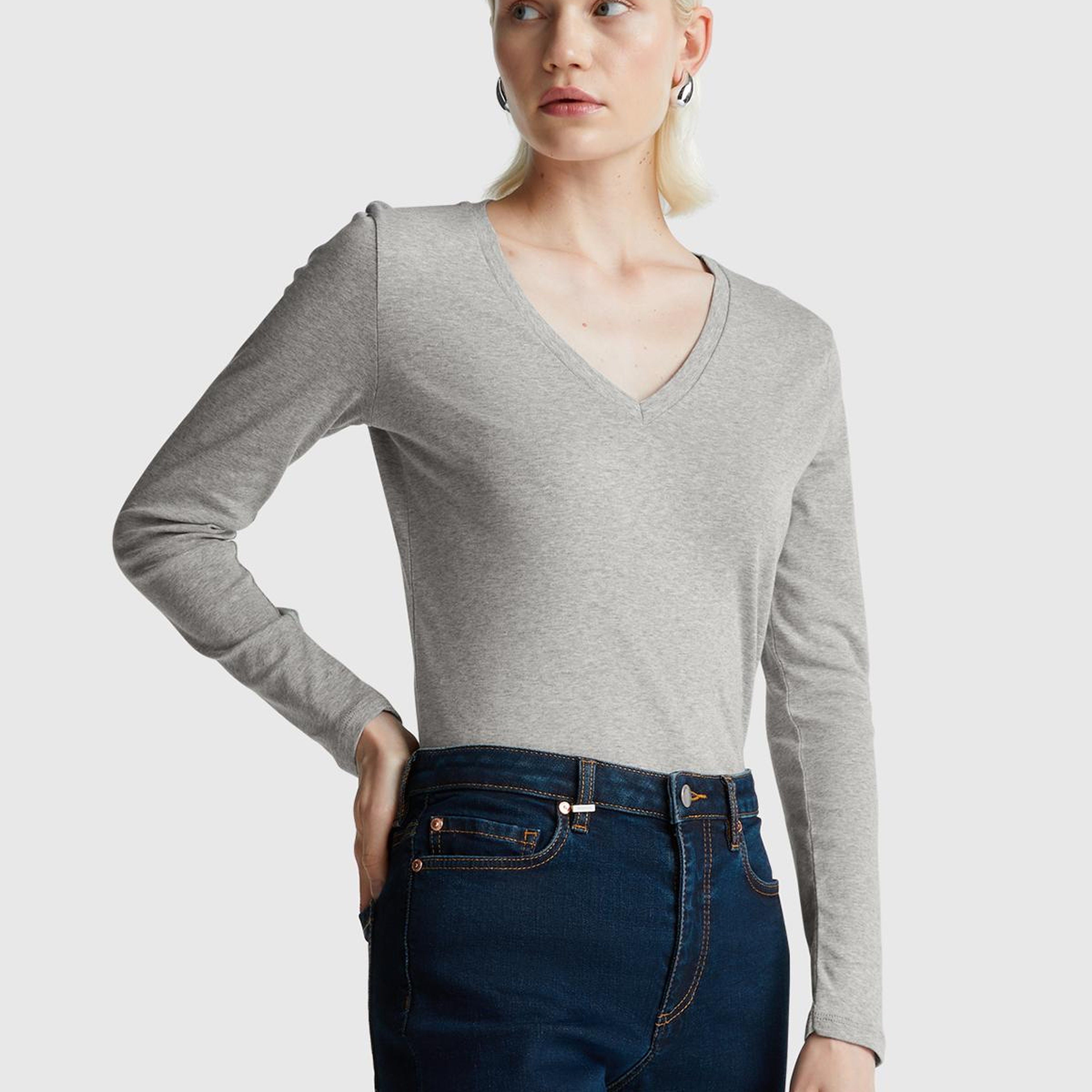 Kadın Gri Melanj Basic V Yaka Uzun Kollu T-Shirt