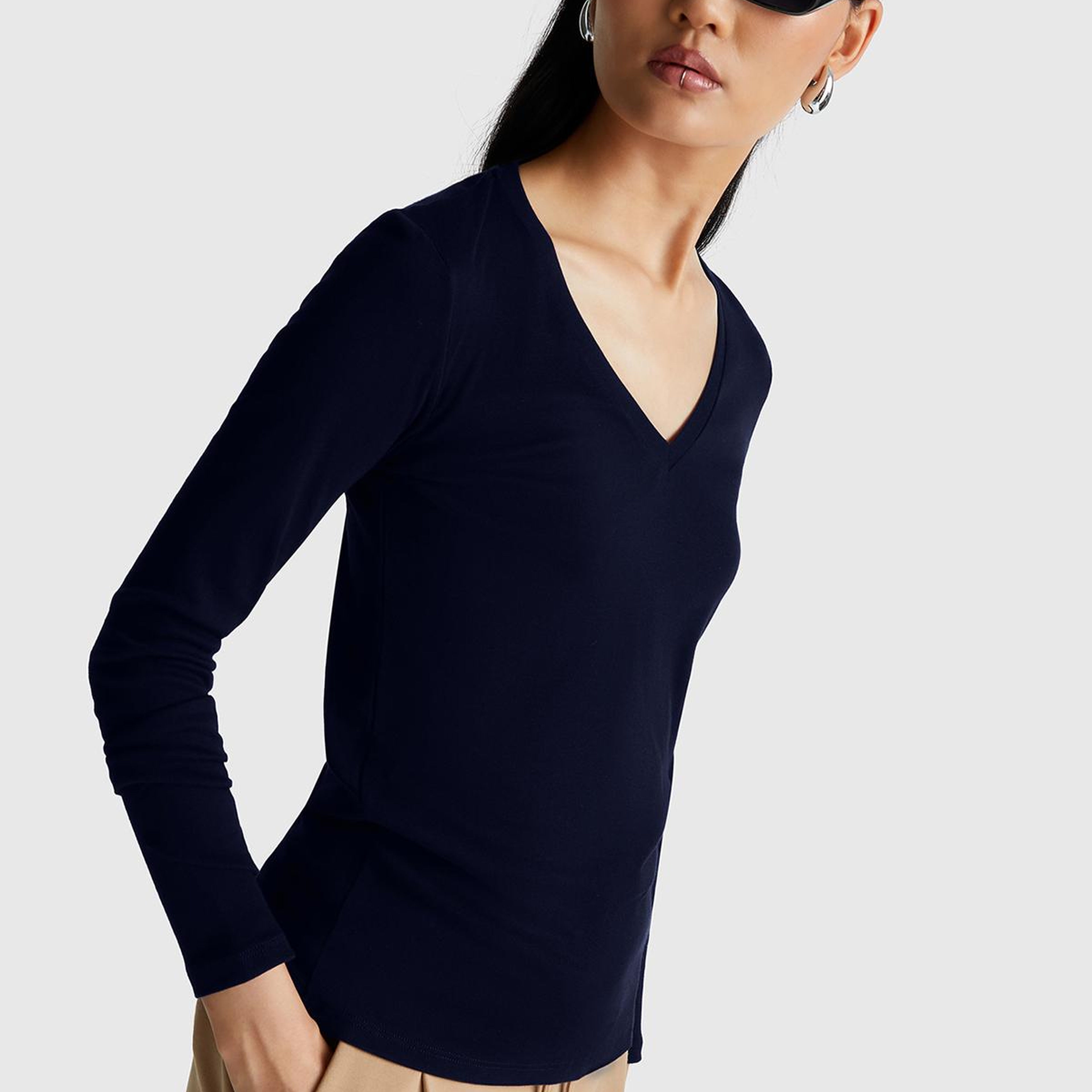 Kadın Lacivert Basic V Yaka Uzun Kollu T-Shirt