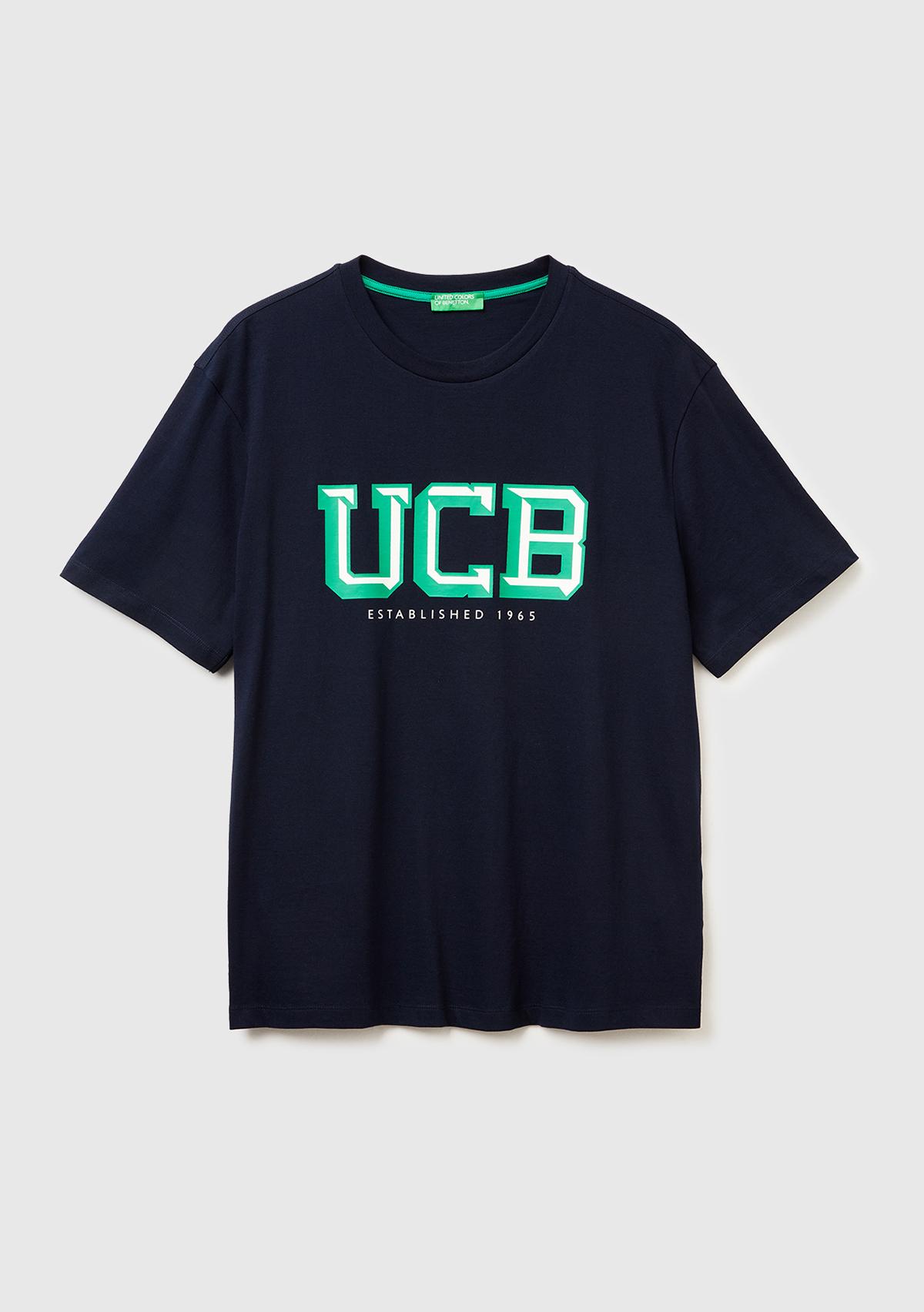 Erkek Lacivert-UCB %100 Pamuk Önü Logo Baskılı Relax Fit T-Shirt