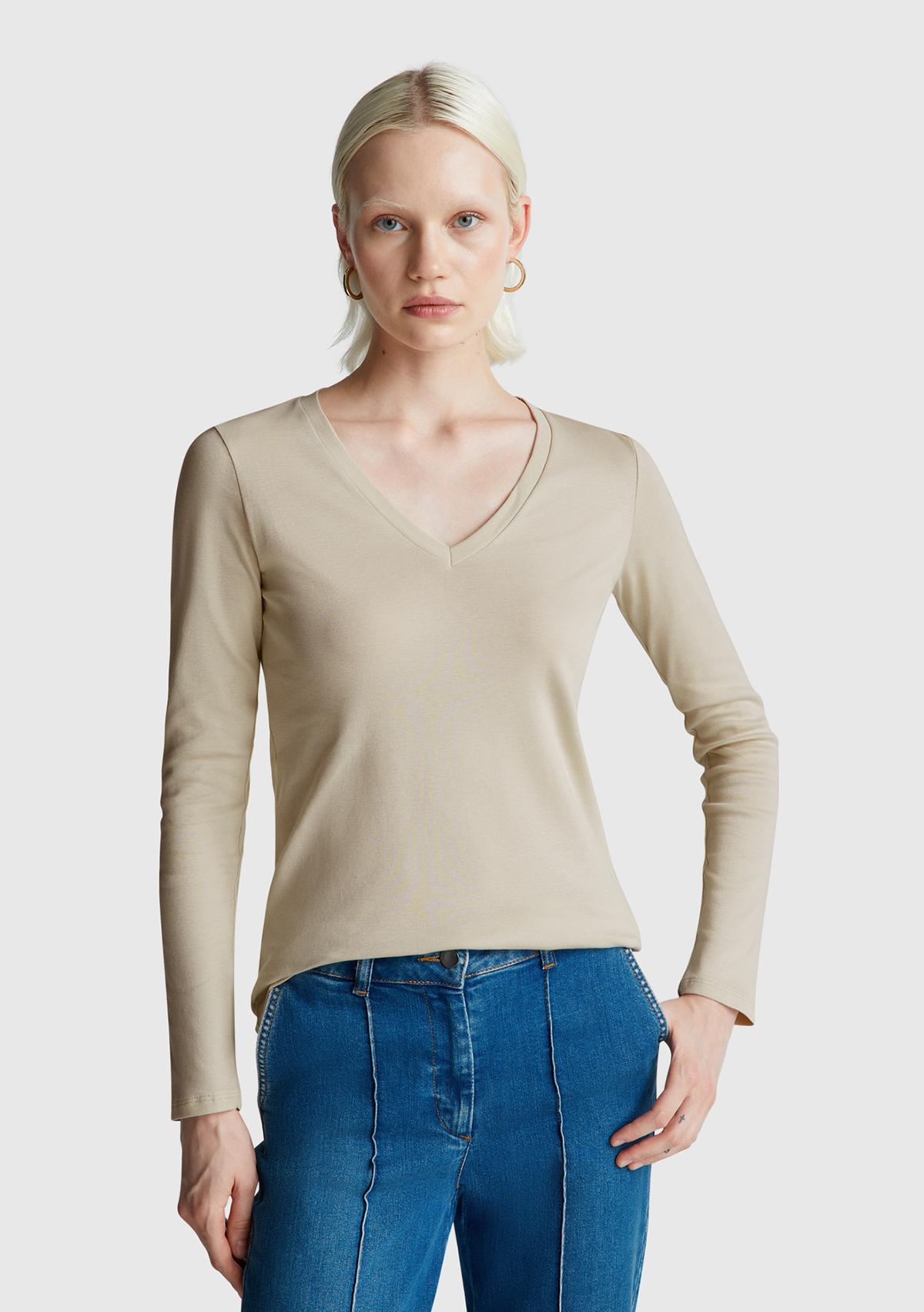 Kadın Krem Basic V Yaka Uzun Kollu T-Shirt