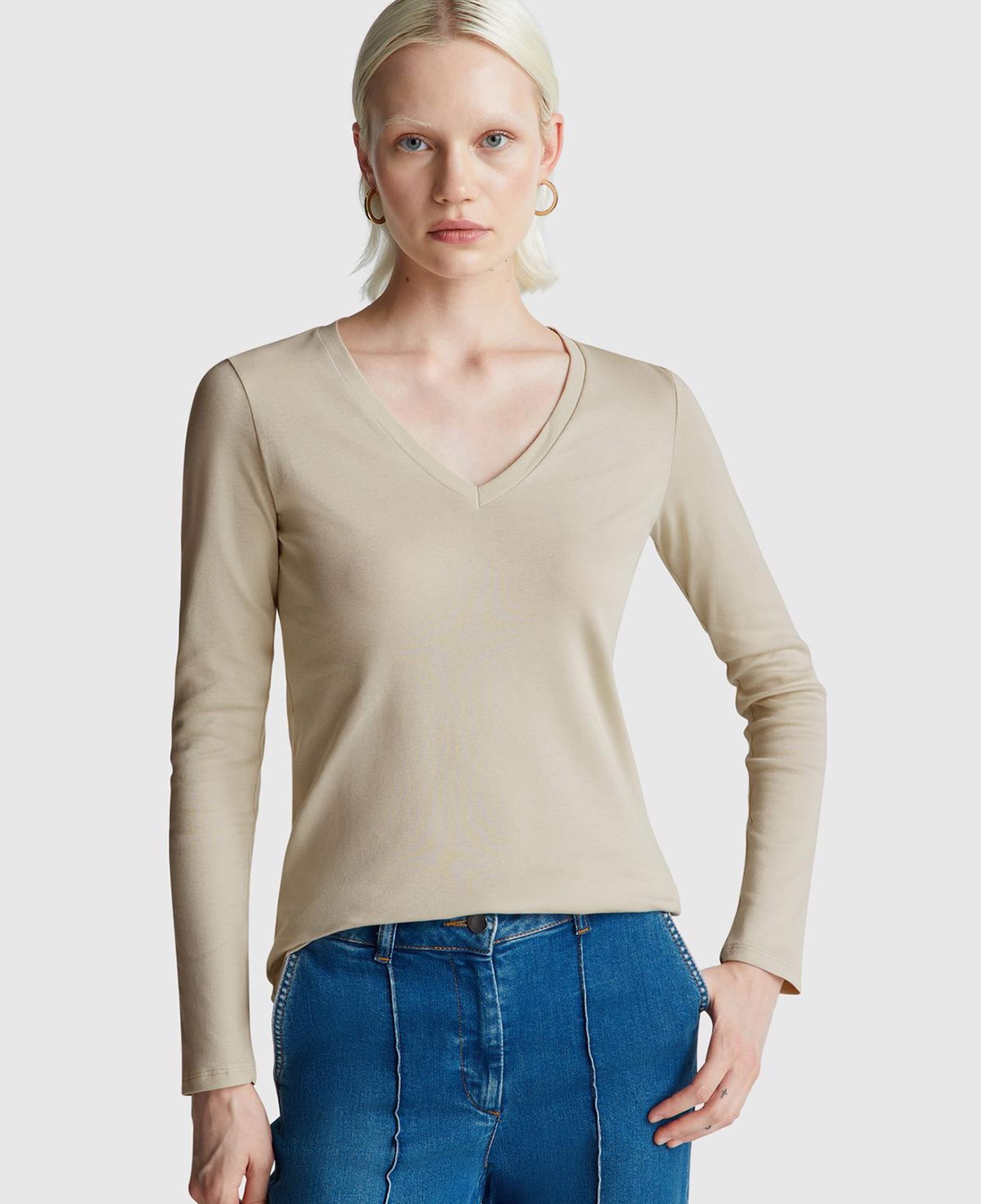 Kadın Krem Basic V Yaka Uzun Kollu T-Shirt