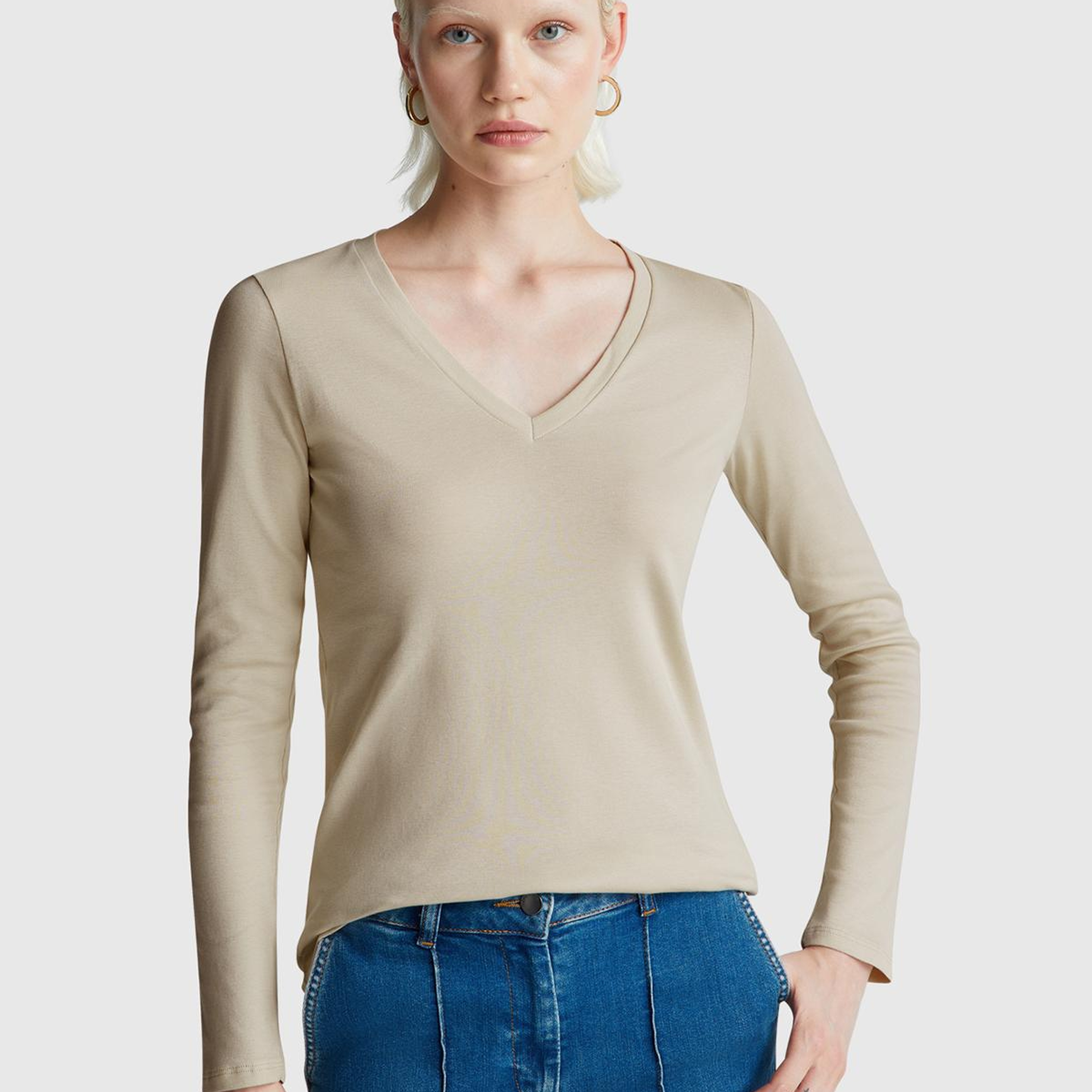 Kadın Krem Basic V Yaka Uzun Kollu T-Shirt