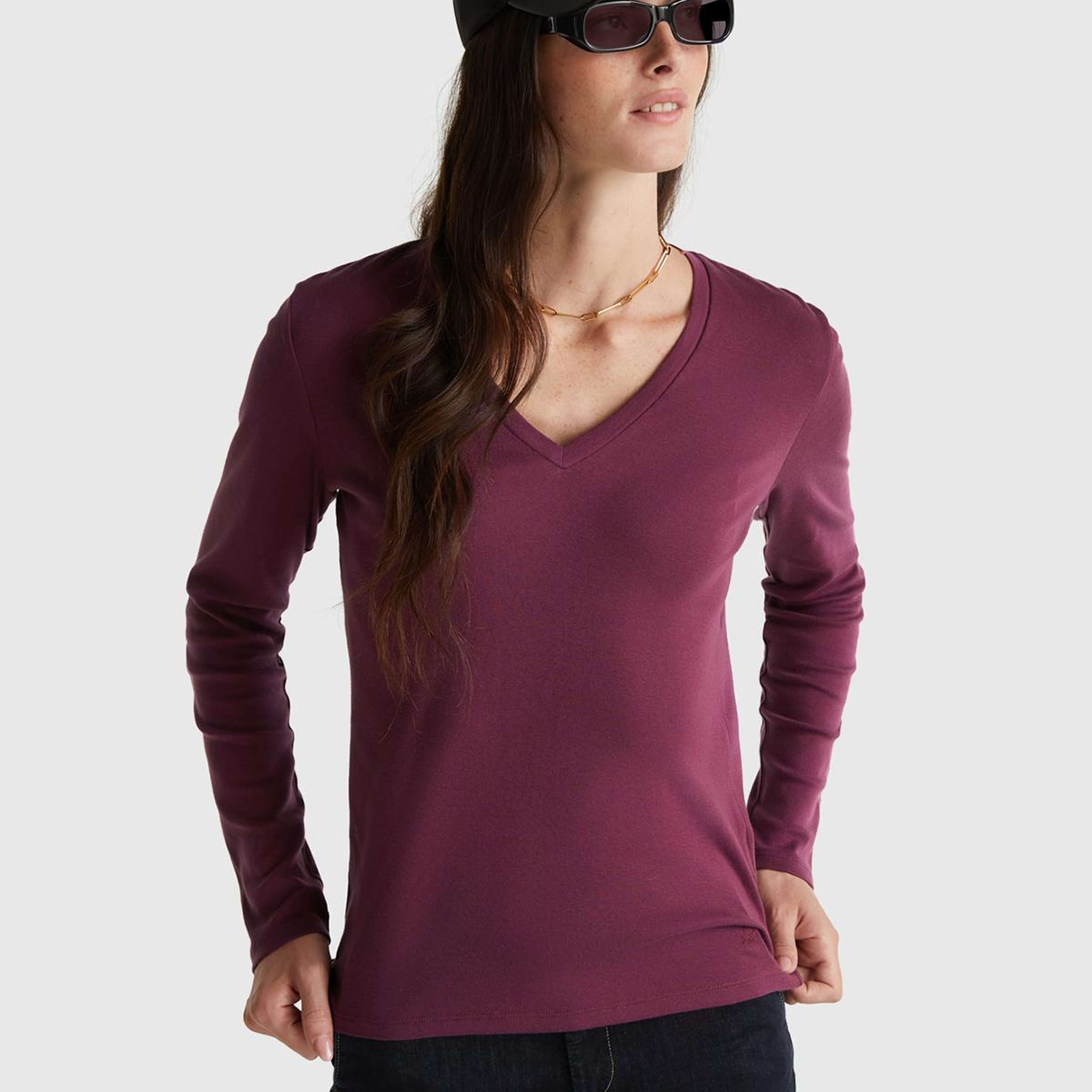 Kadın Mürdüm Basic V Yaka Uzun Kollu T-Shirt