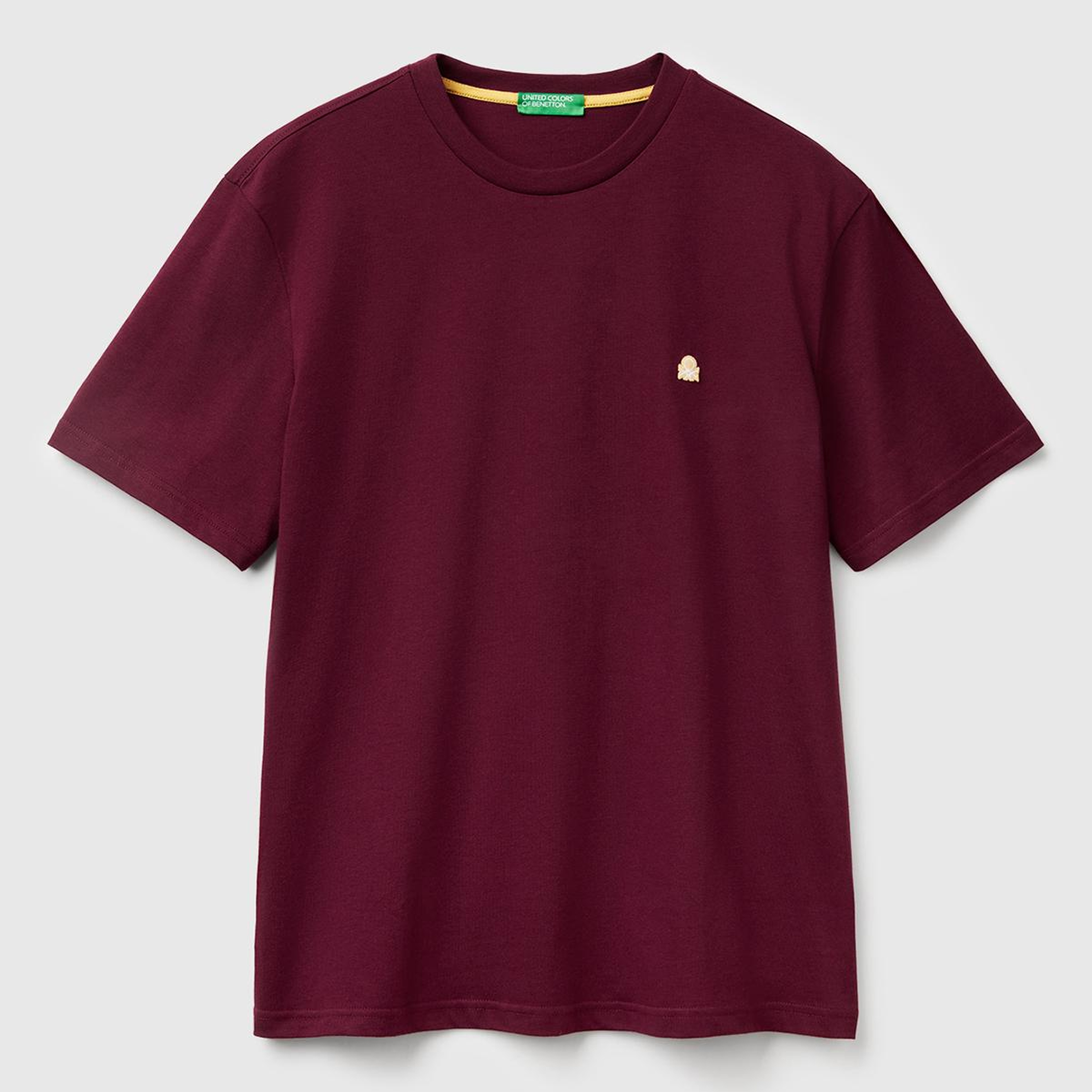 Erkek Bordo %100 Koton Benetton Logolu Bisiklet Yaka T-Shirt