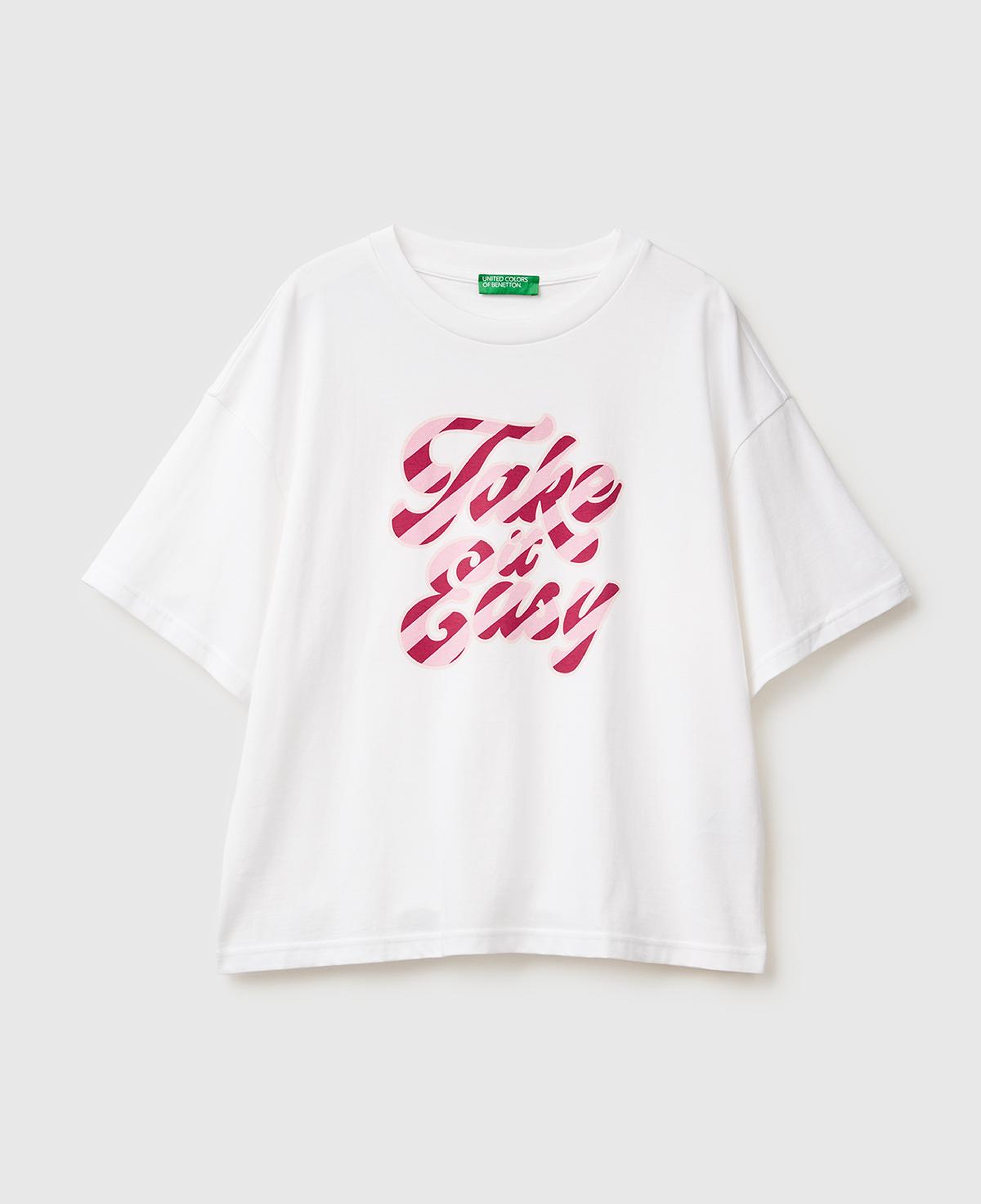 Kadın Beyaz-Pembe Yazılı %100 Pamuk Önü Yazı Baskılı Bisiklet Yaka T-Shirt