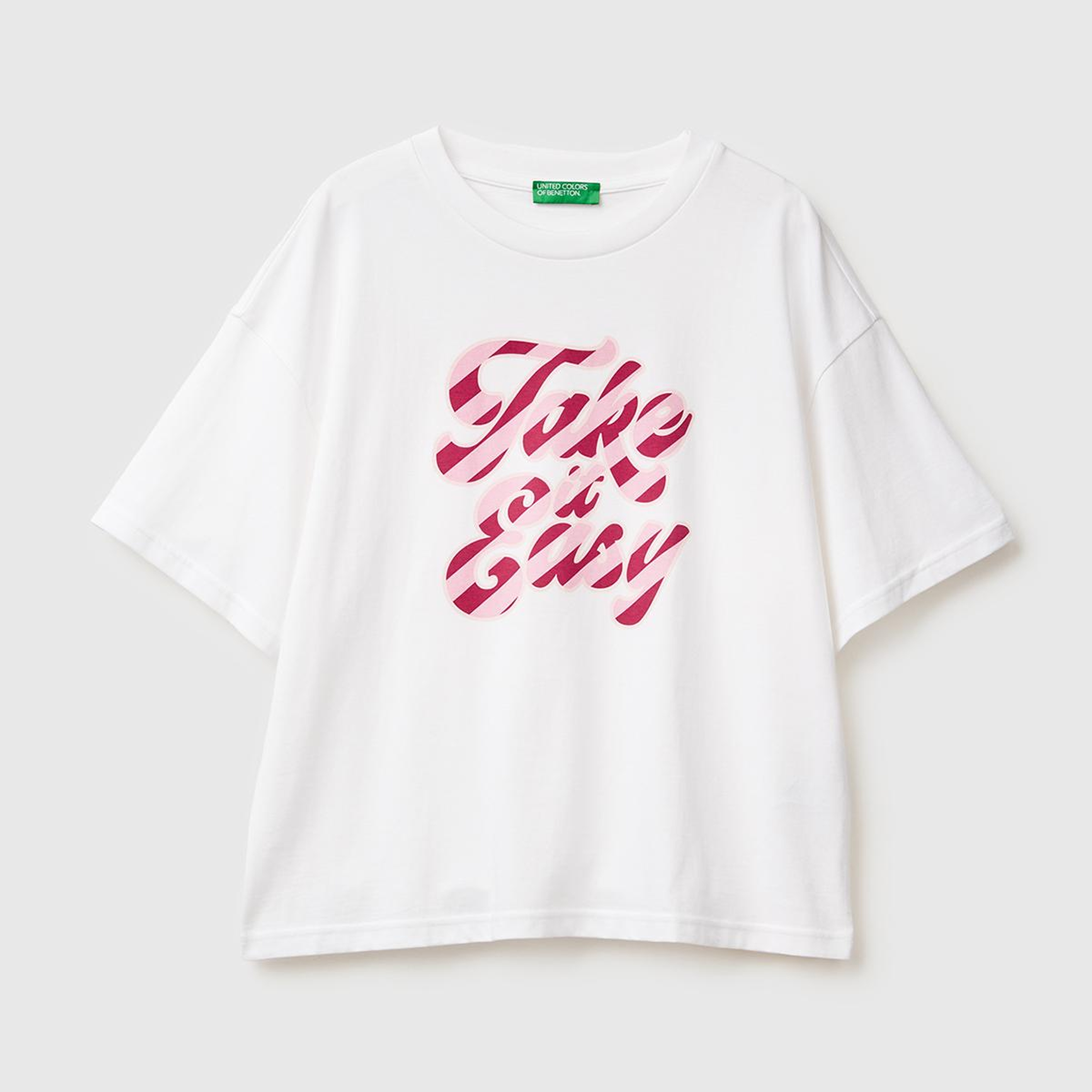 Kadın Beyaz-Pembe Yazılı %100 Pamuk Önü Yazı Baskılı Bisiklet Yaka T-Shirt