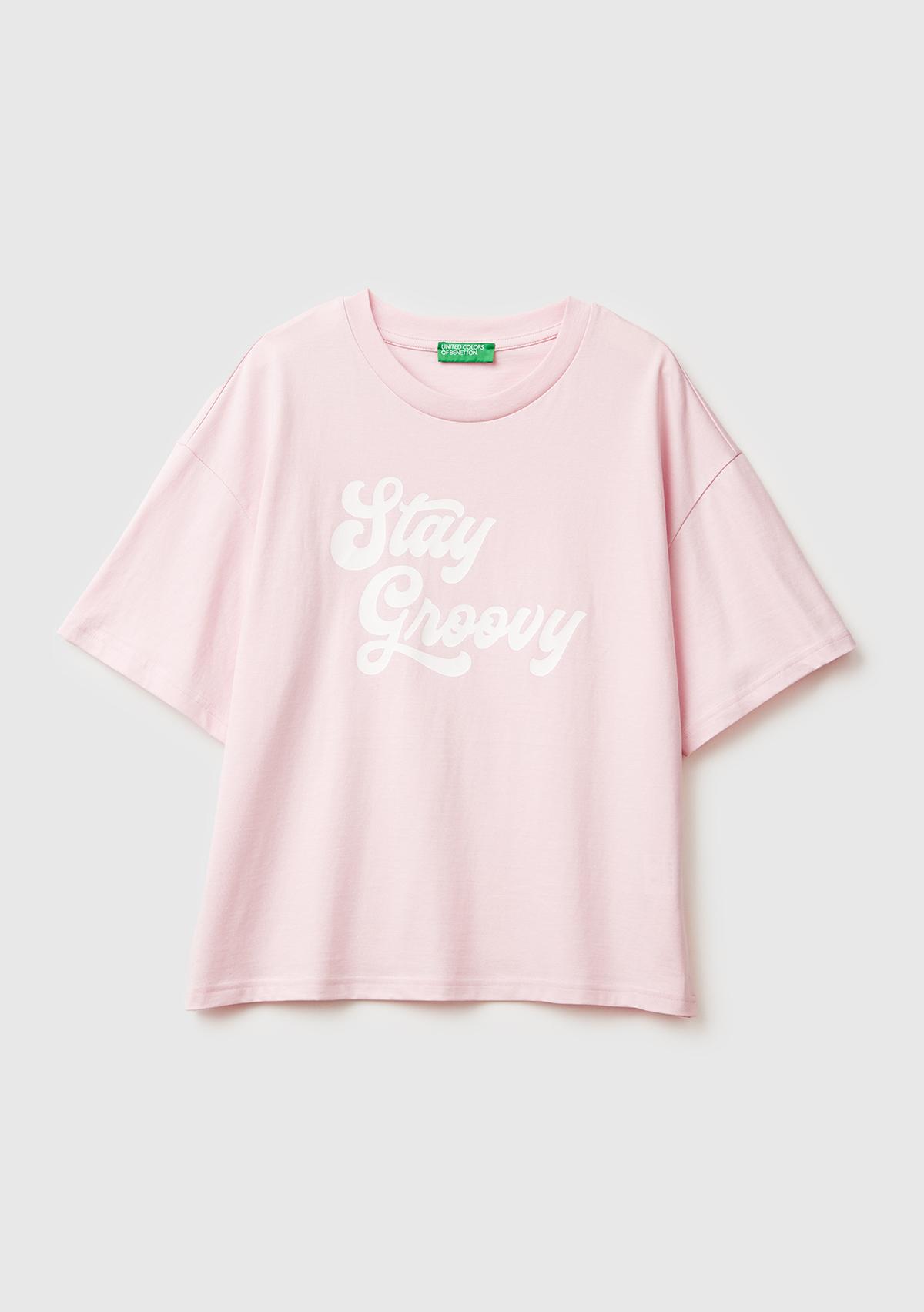 Kadın Açık Pembe %100 Pamuk Önü Yazı Baskılı Bisiklet Yaka T-Shirt