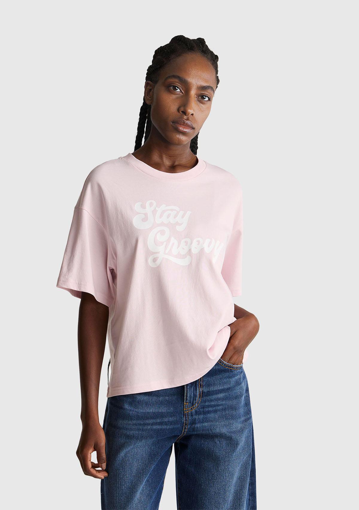 Kadın Açık Pembe %100 Pamuk Önü Yazı Baskılı Bisiklet Yaka T-Shirt