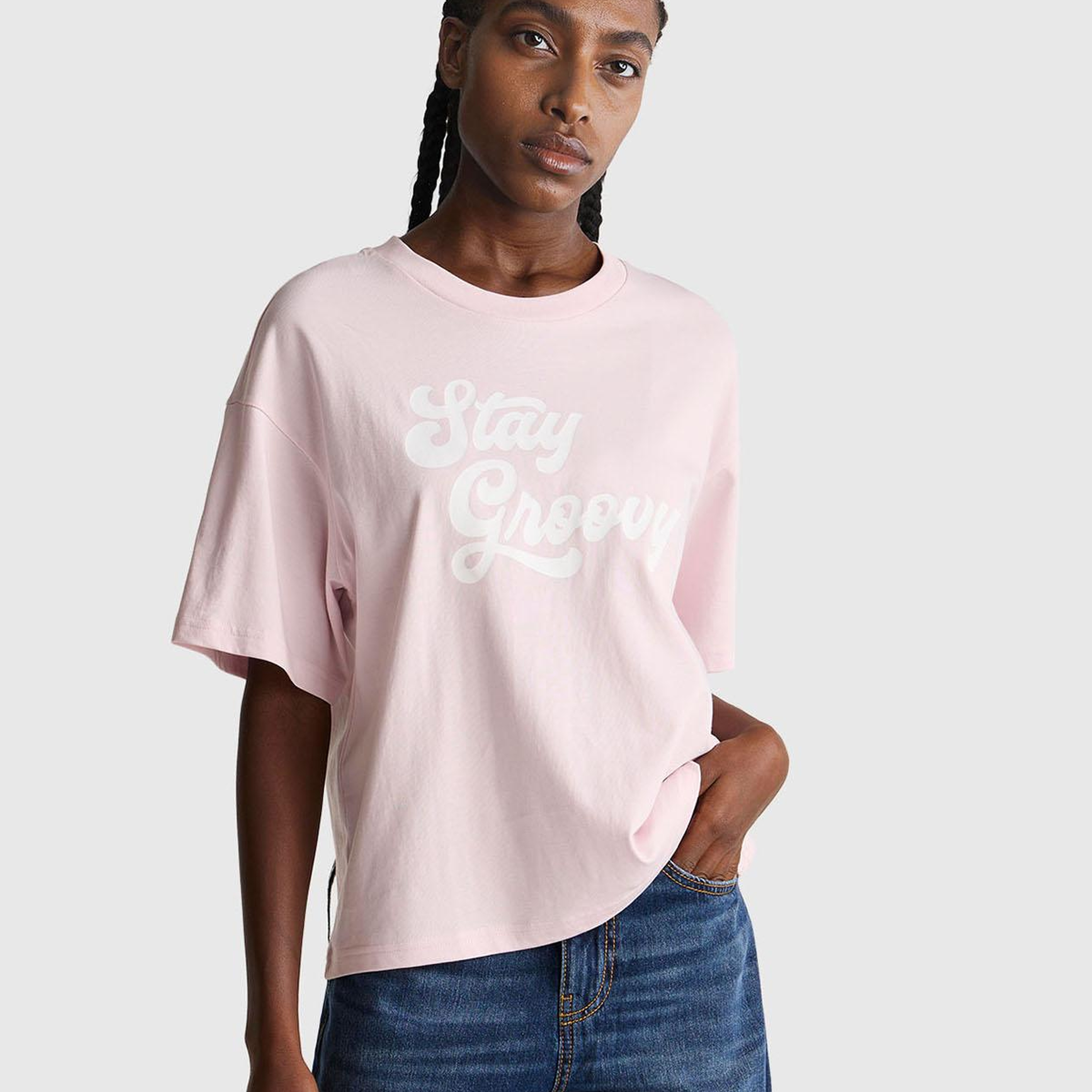 Kadın Açık Pembe %100 Pamuk Önü Yazı Baskılı Bisiklet Yaka T-Shirt