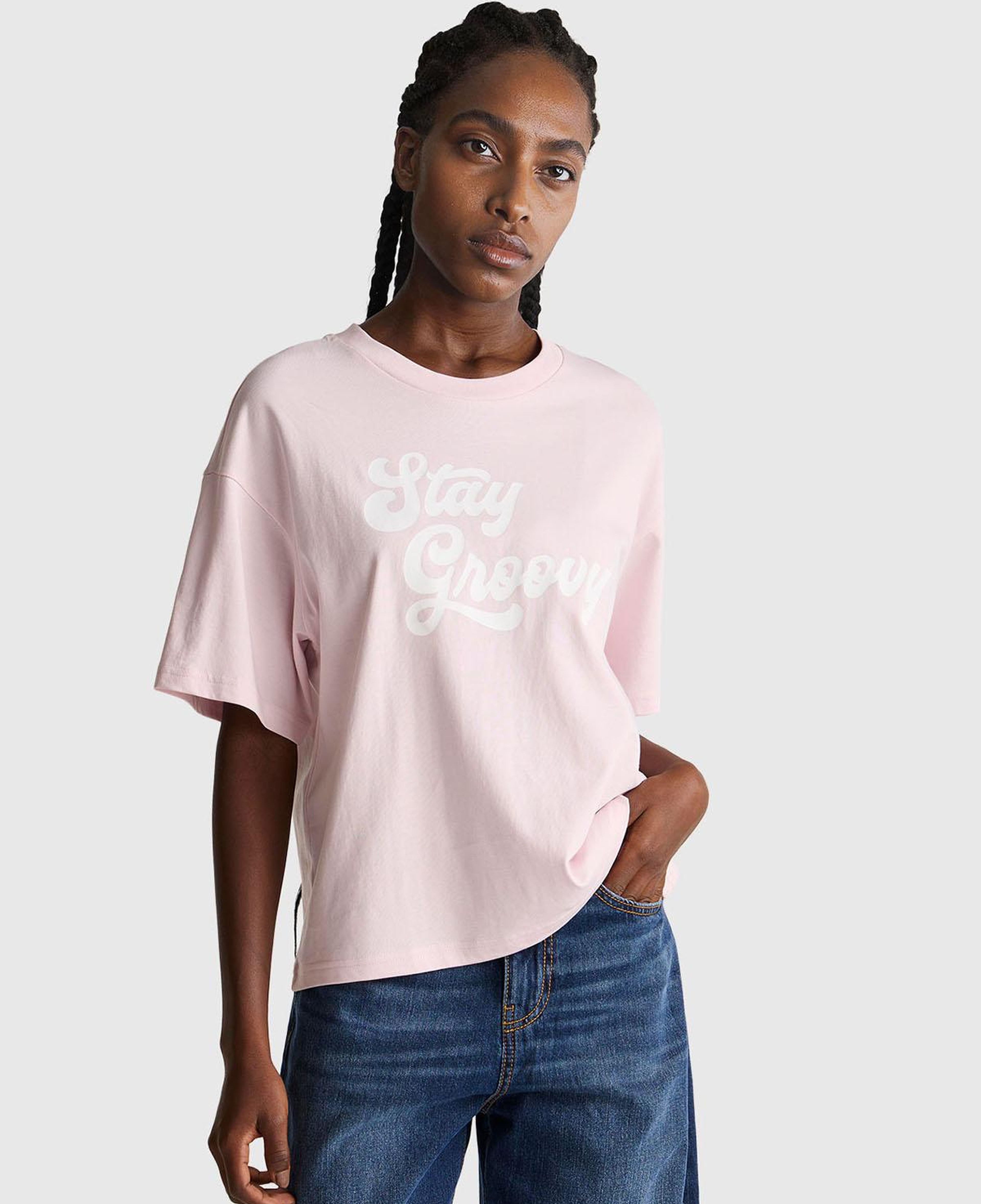 Kadın Açık Pembe %100 Pamuk Önü Yazı Baskılı Bisiklet Yaka T-Shirt