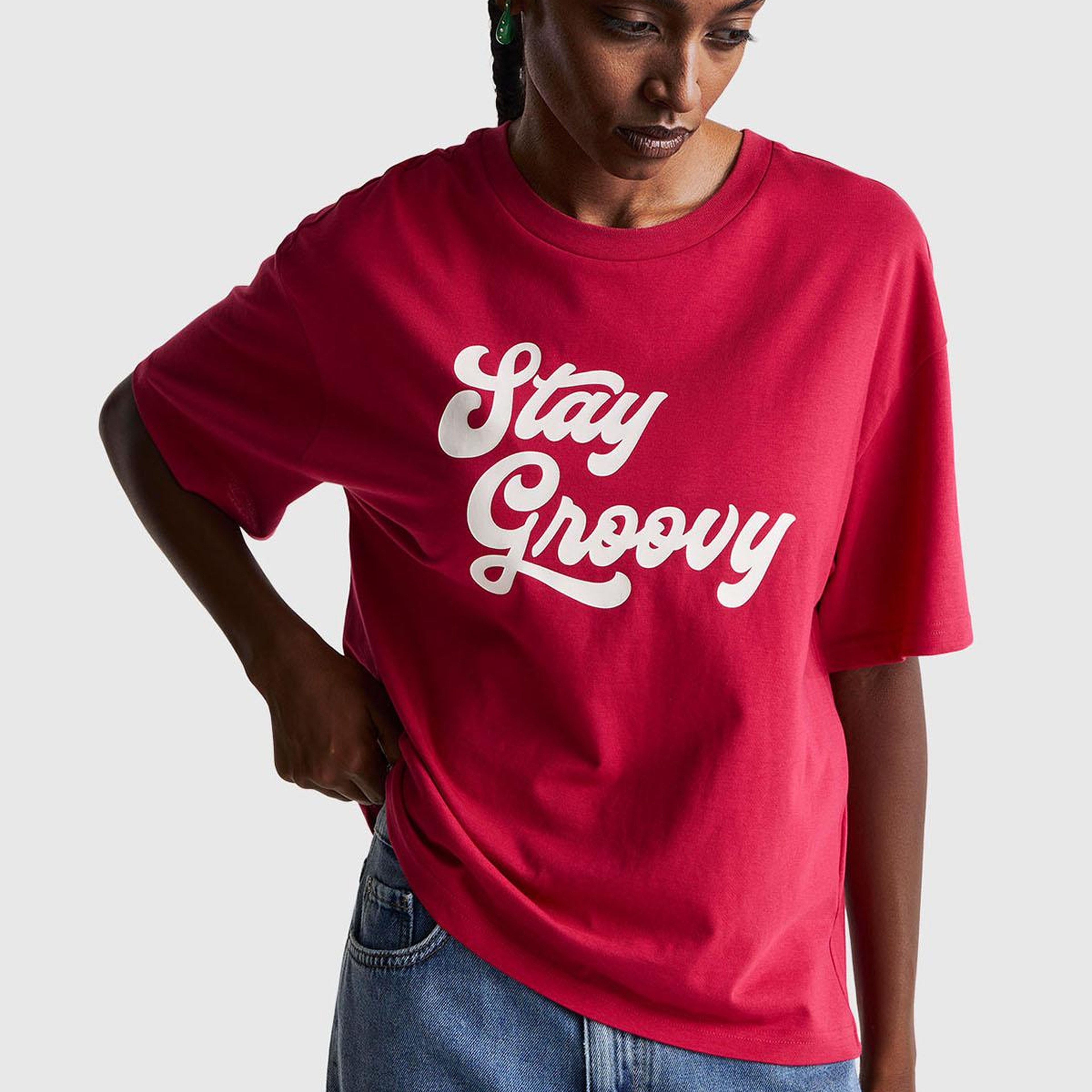 Kadın Fuşya %100 Pamuk Önü Yazı Baskılı Bisiklet Yaka T-Shirt